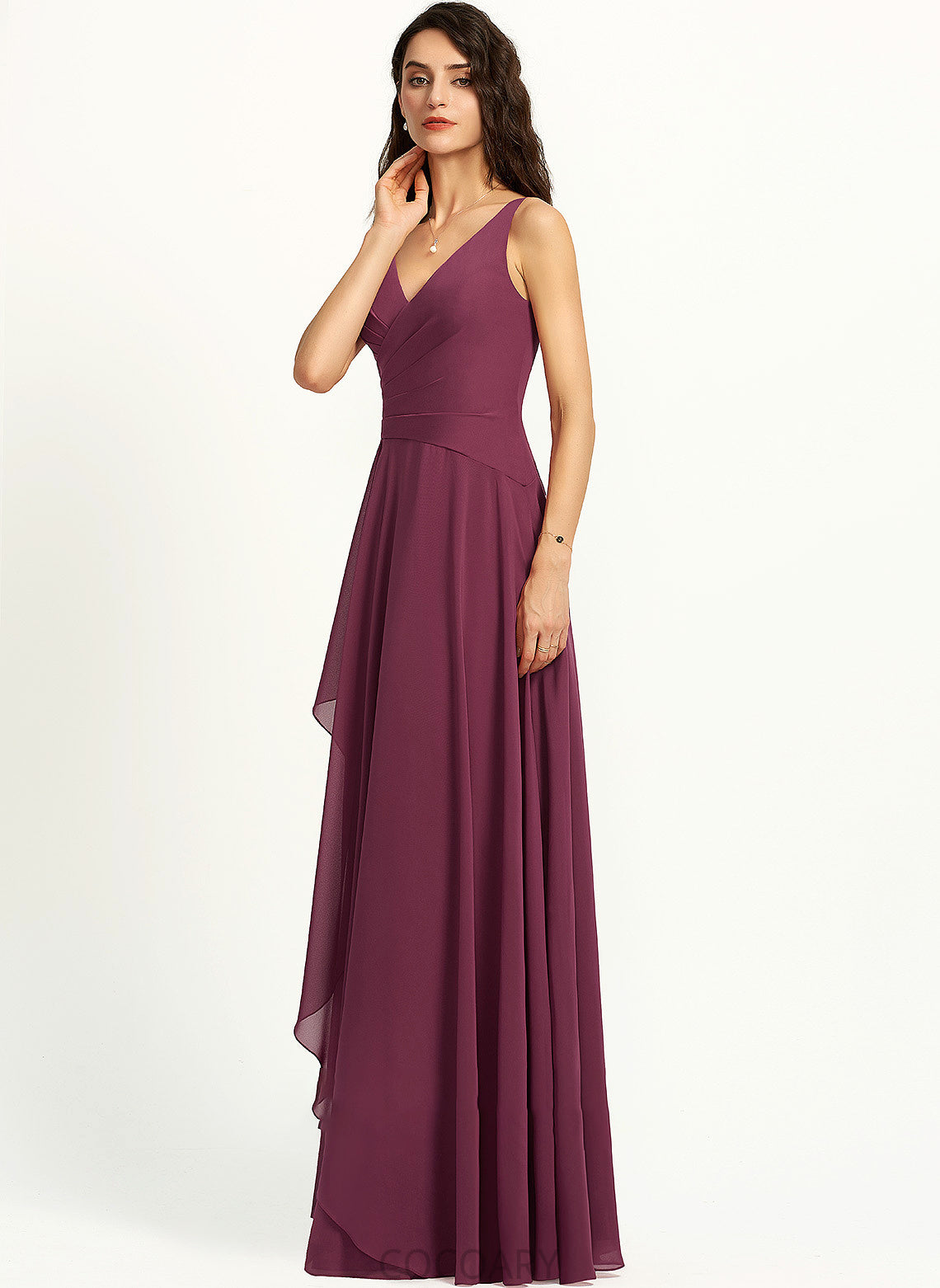 V-neck Silhouette Floor-Length SplitFront A-Line Fabric Neckline Embellishment Length Arely Floor Length Sleeveless Bridesmaid Dresses