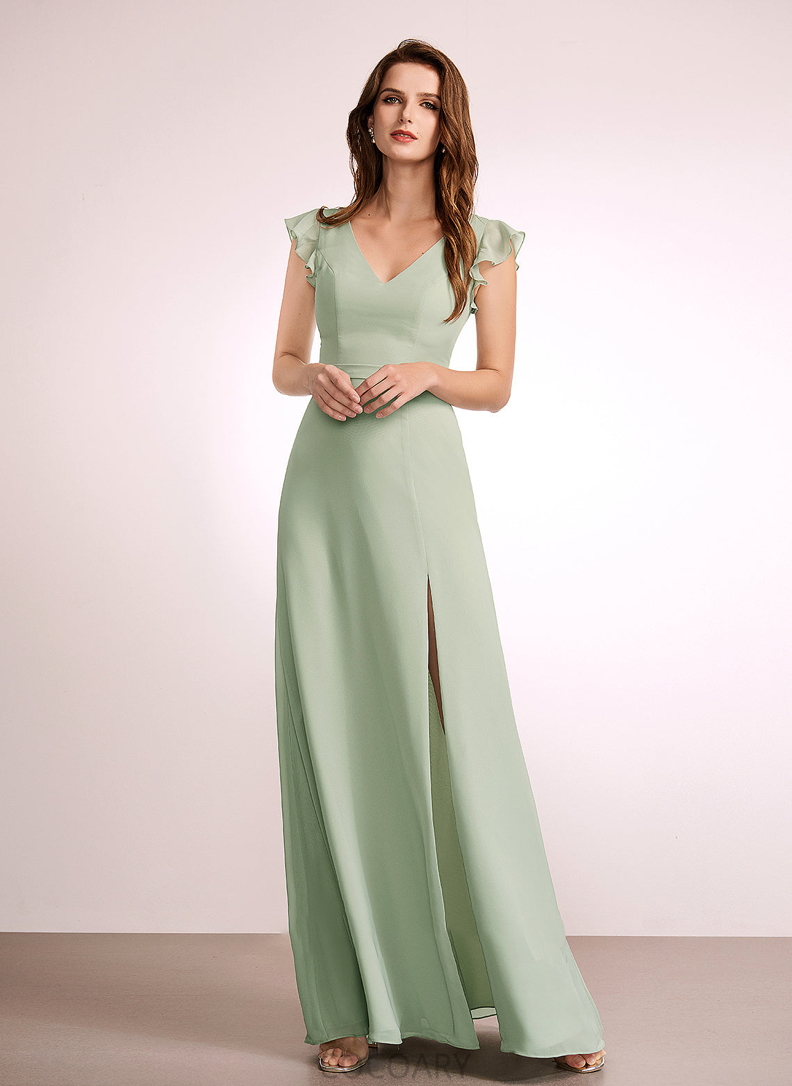 Floor-Length Neckline SplitFront Embellishment V-neck Fabric Length Silhouette A-Line Sherry Sleeveless Natural Waist Bridesmaid Dresses