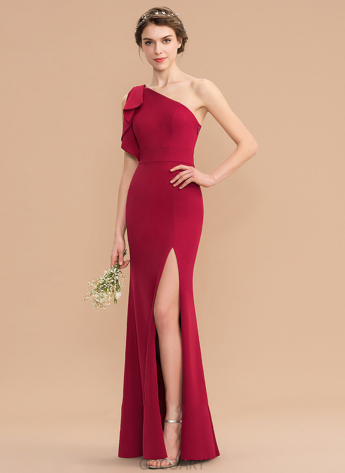 Neckline Silhouette Floor-Length SplitFront Fabric One-Shoulder Embellishment Sheath/Column Length Akira Sleeveless Floor Length Bridesmaid Dresses