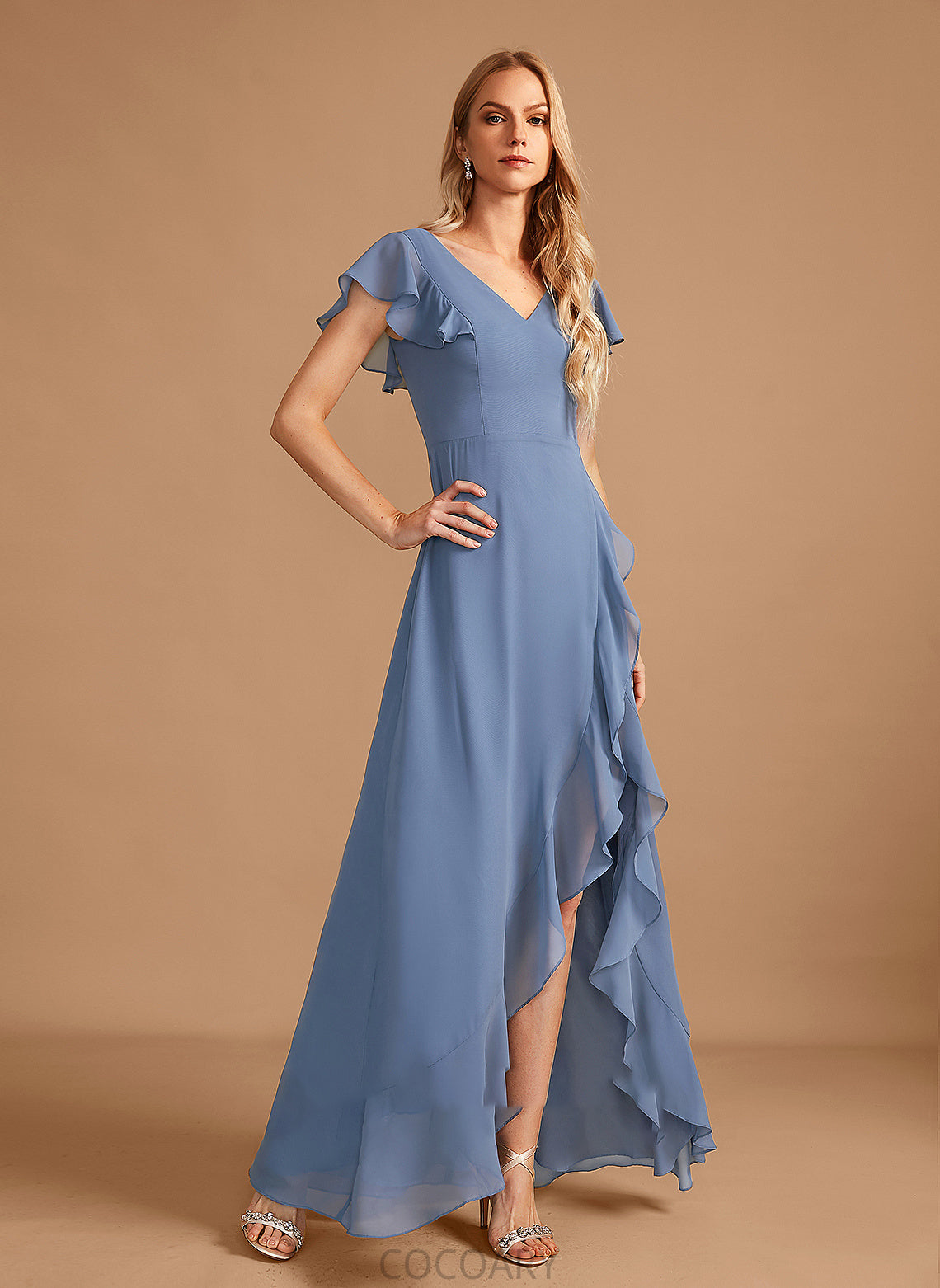 V-neck Fabric SplitFront Neckline Silhouette Embellishment Asymmetrical Length A-Line Ruffle Ana Natural Waist Bridesmaid Dresses