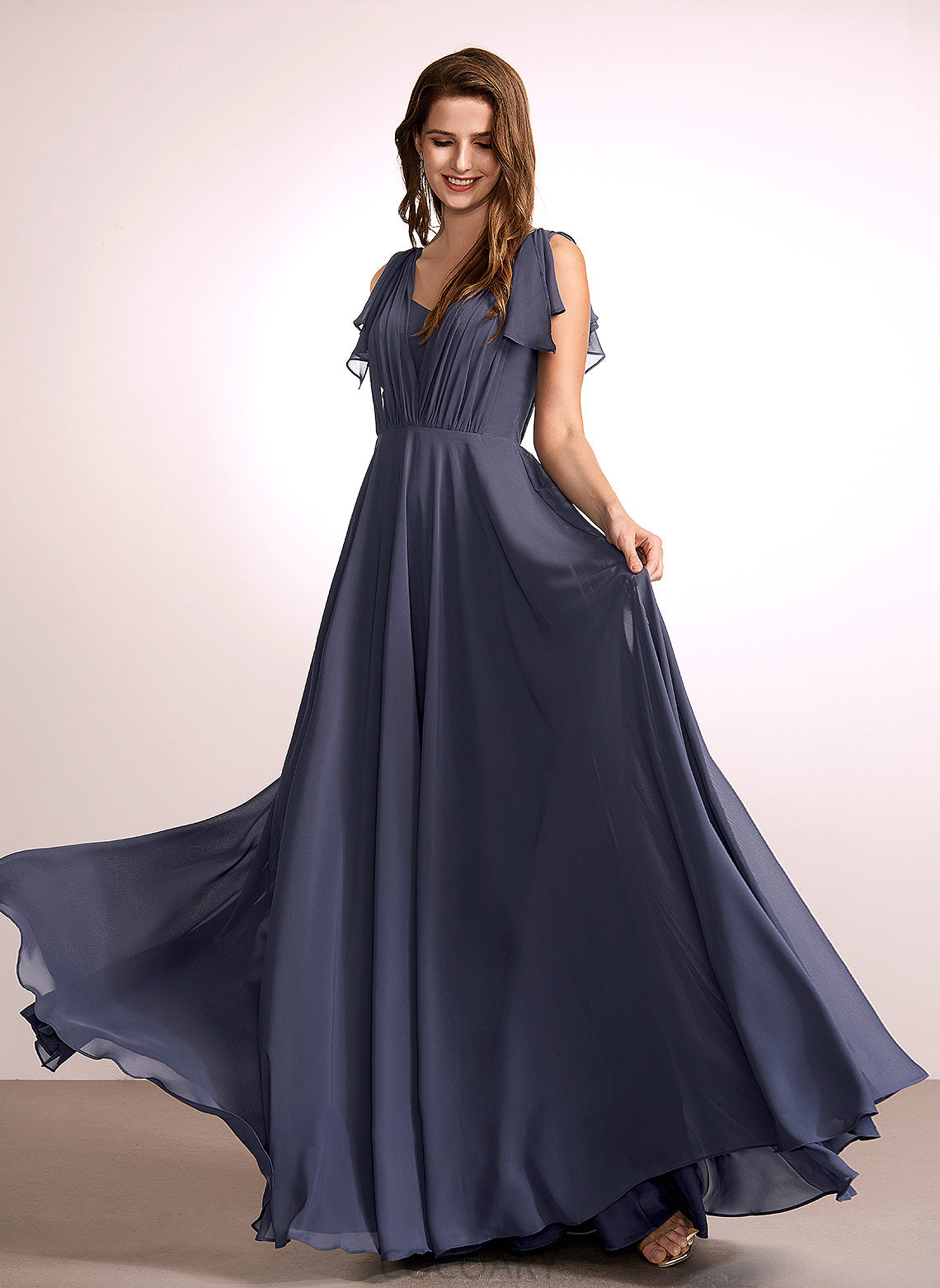 Floor-Length A-Line Embellishment Ruffle Silhouette Length V-neck Fabric Neckline Jazmin V-Neck Floor Length Bridesmaid Dresses