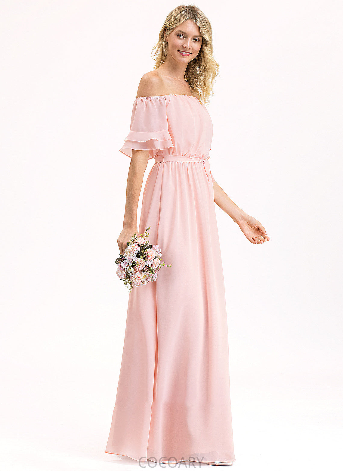 Length Embellishment Off-the-Shoulder Bow(s) Silhouette Fabric Neckline CascadingRuffles A-Line Floor-Length Ryann Short Sleeves Bridesmaid Dresses