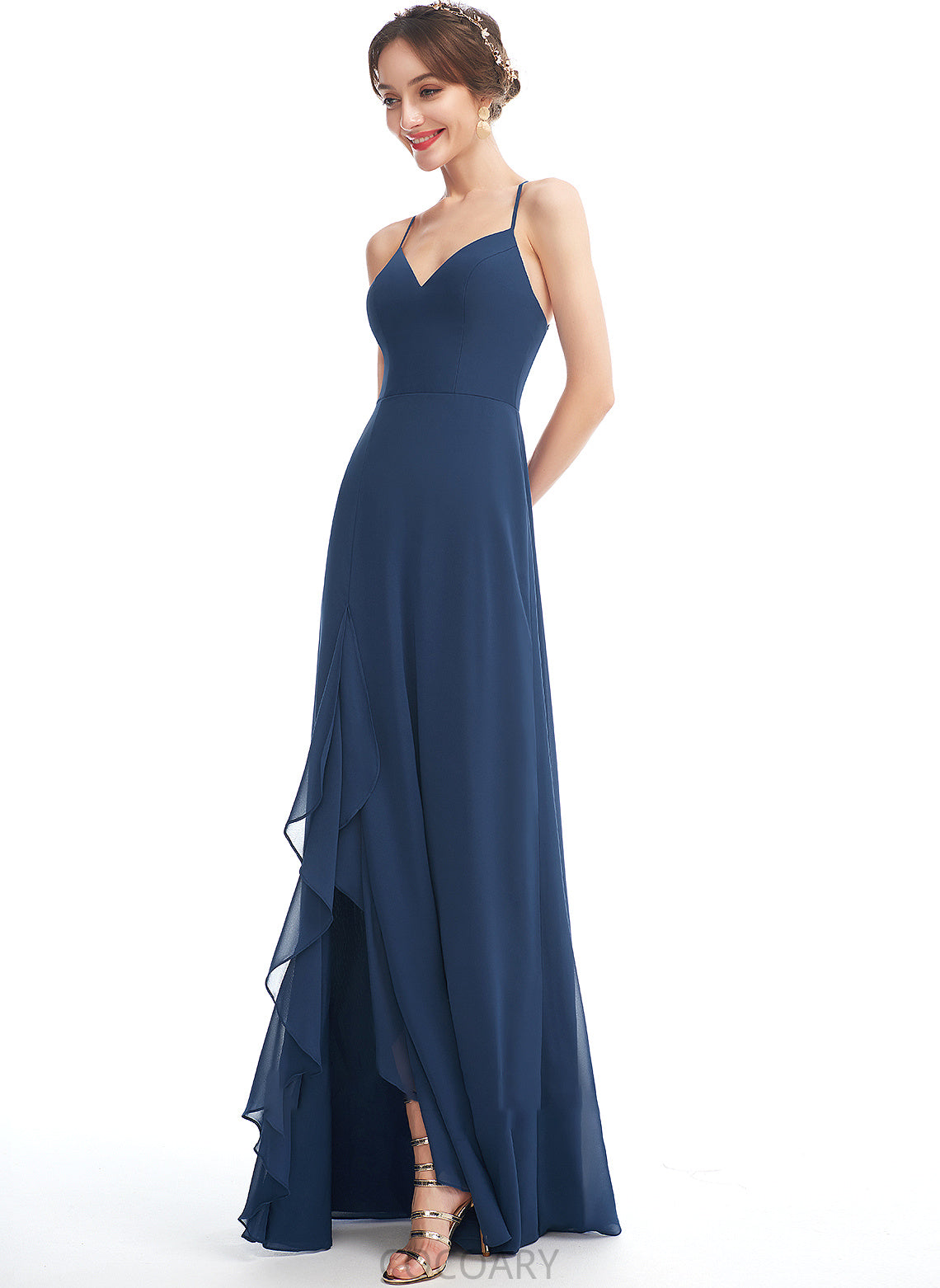 A-Line Floor-Length Silhouette Fabric Ruffle Length Neckline SplitFront Embellishment V-neck Adison Natural Waist Bridesmaid Dresses