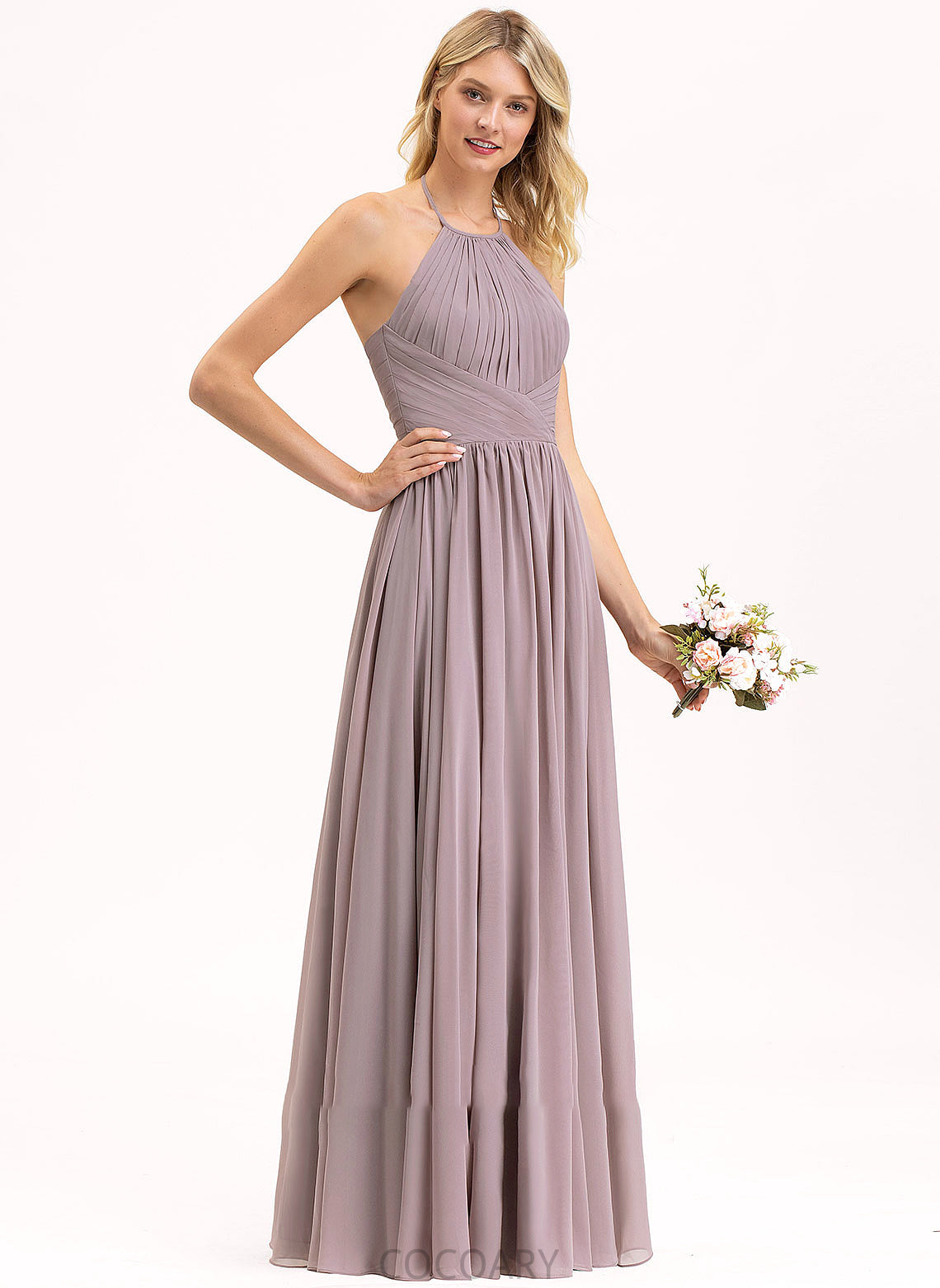 Bow(s) Length Silhouette Fabric Ruffle Floor-Length Embellishment Halter Neckline Empire Amya Natural Waist Bridesmaid Dresses