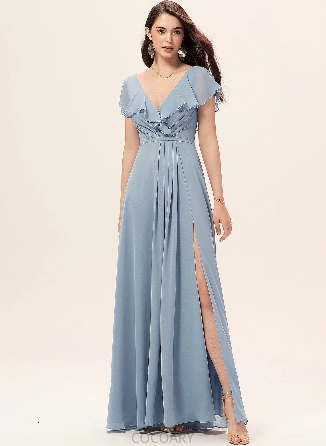 V-neck Floor-Length Fabric Embellishment A-Line Neckline SplitFront Length Silhouette Kyla V-Neck Natural Waist Bridesmaid Dresses