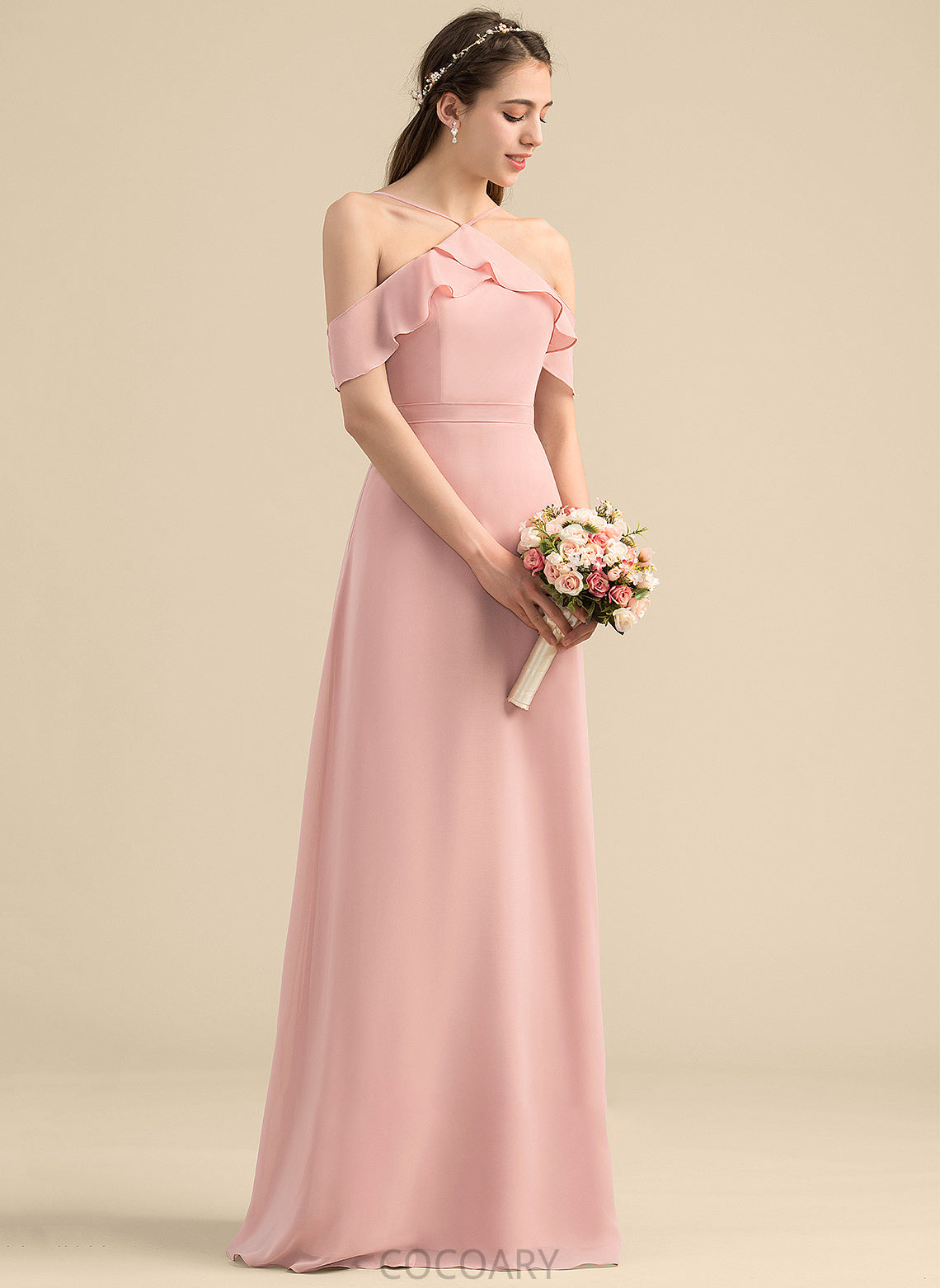 Silhouette CascadingRuffles Floor-Length Bow(s) V-neck Fabric Neckline Embellishment A-Line Length Kaylah Floor Length Bridesmaid Dresses