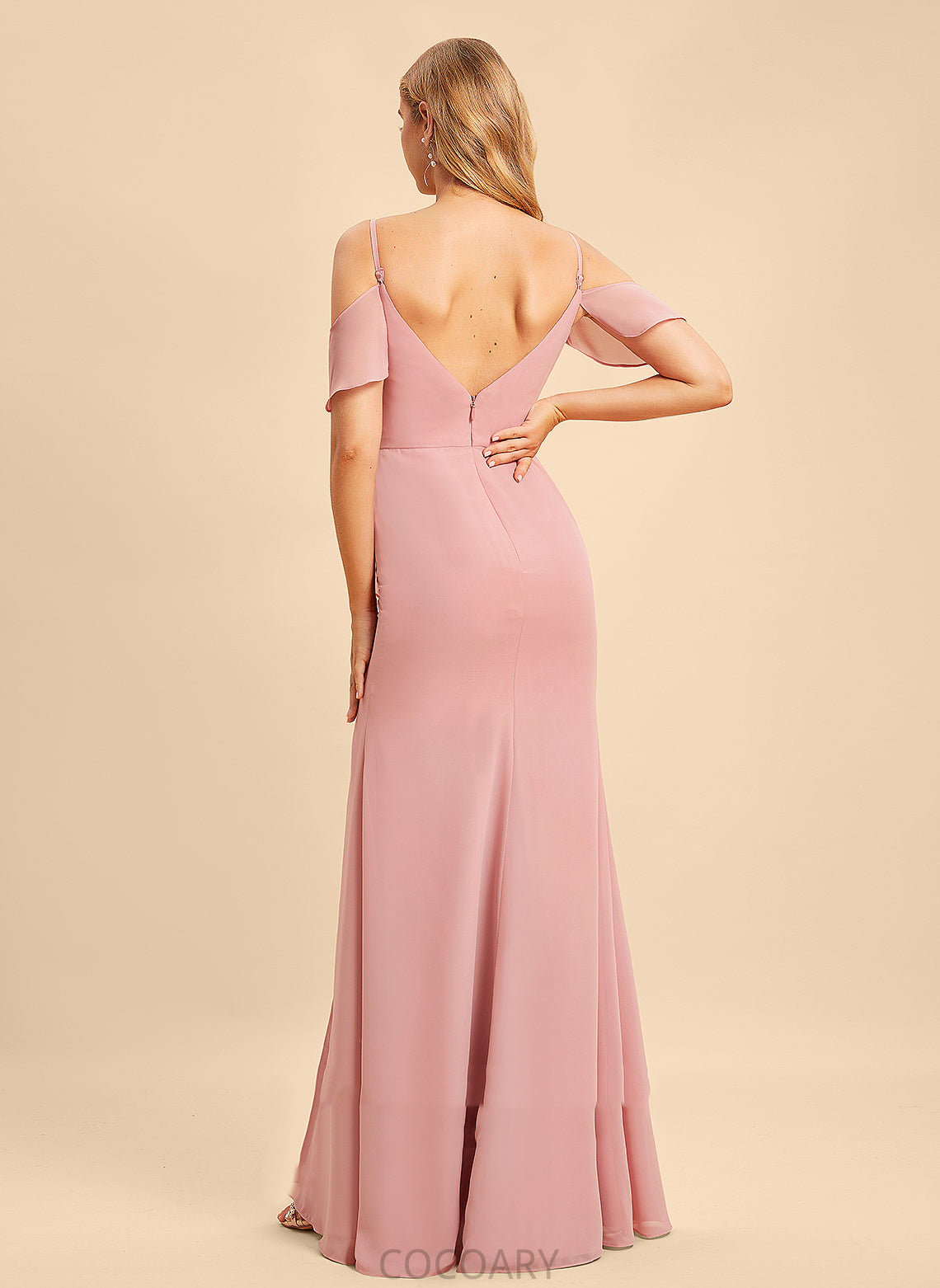 Silhouette V-neck A-Line Fabric Floor-Length Embellishment Ruffle Length SplitFront Neckline Janet Trumpet/Mermaid Bridesmaid Dresses