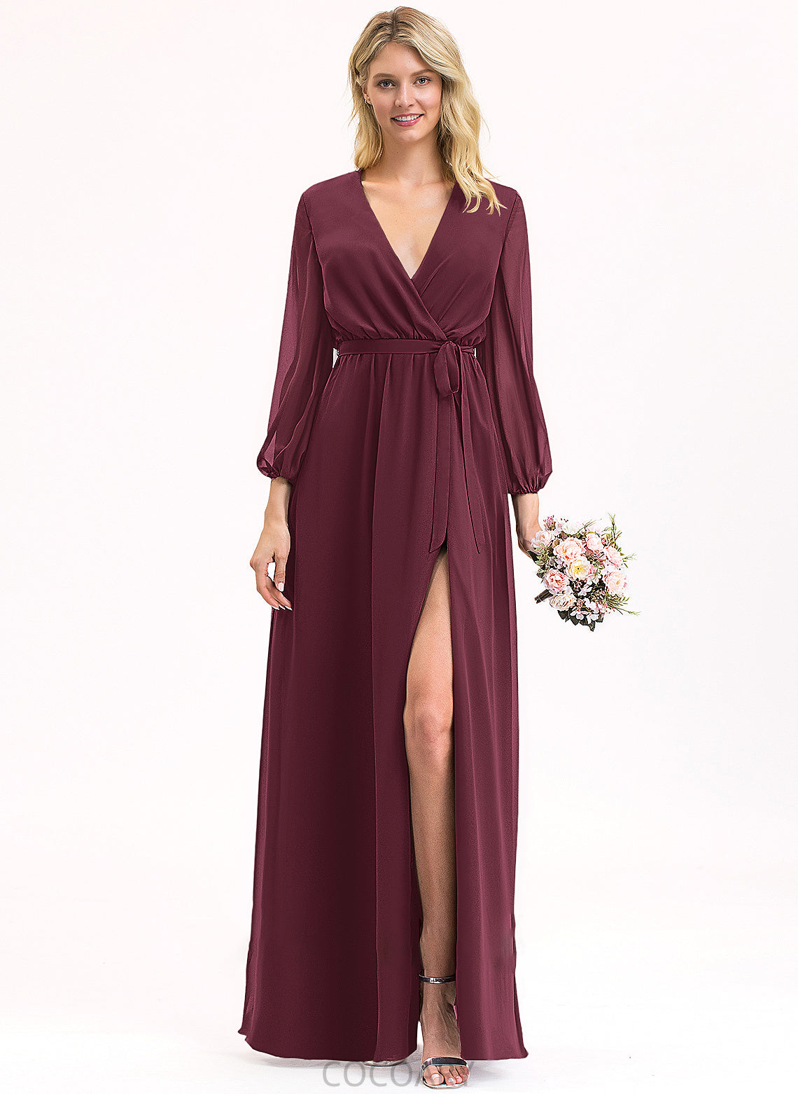 Fabric Bow(s) Length Silhouette Embellishment Ruffle SplitFront V-neck Floor-Length A-Line Neckline Amari Bridesmaid Dresses