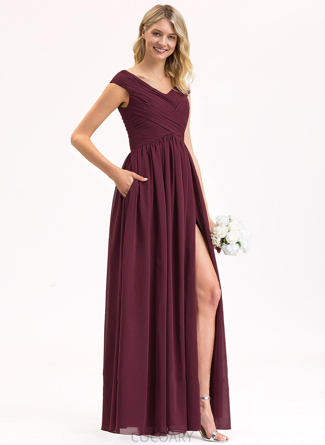 Floor-Length Silhouette Pockets A-Line Ruffle SplitFront Fabric Embellishment Off-the-Shoulder Length Neckline Liz Bridesmaid Dresses