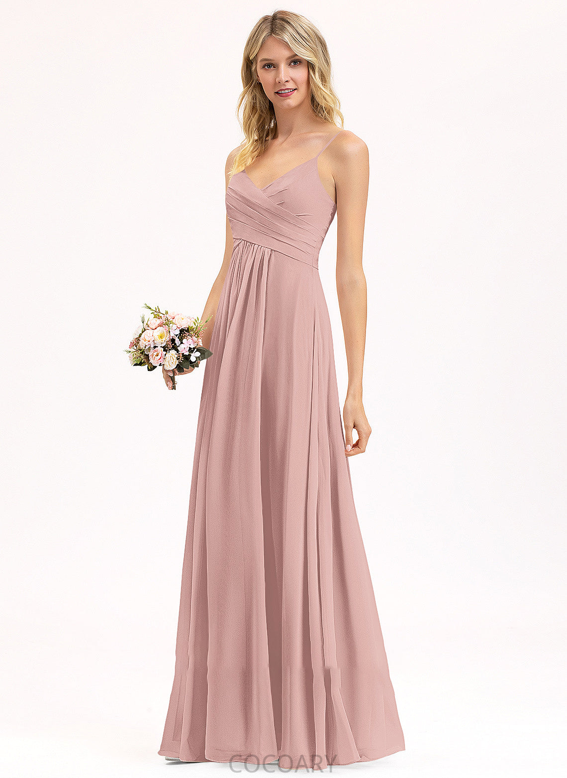 Silhouette A-Line Length Embellishment Floor-Length Fabric Neckline V-neck Ruffle Leticia Scoop Natural Waist Bridesmaid Dresses