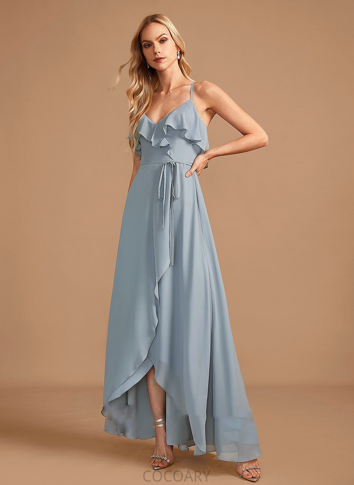 V-neck Neckline A-Line Silhouette Embellishment Asymmetrical Ruffle Fabric Length Jaden A-Line/Princess Knee Length Bridesmaid Dresses