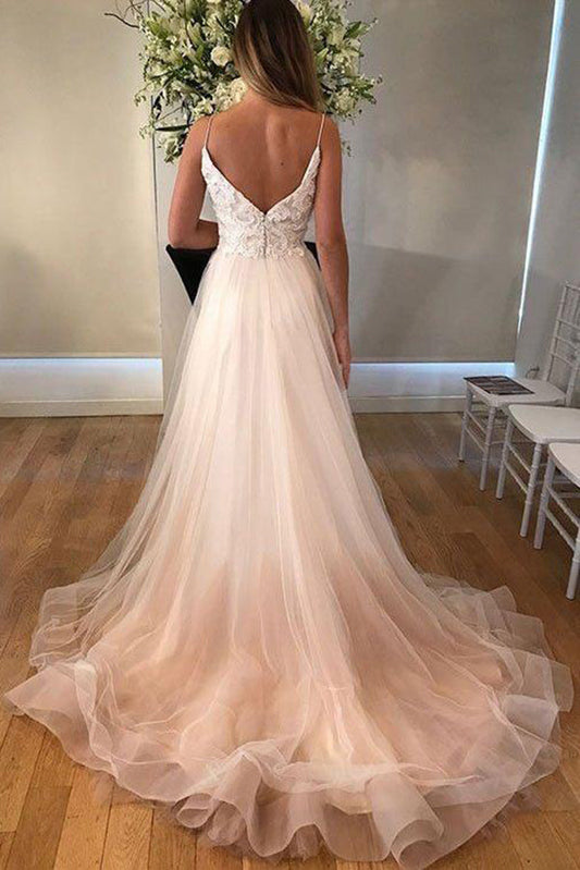 Chic Spaghetti Straps V Back Sleeveless Tulle Floor Length A Line Wedding Dresses