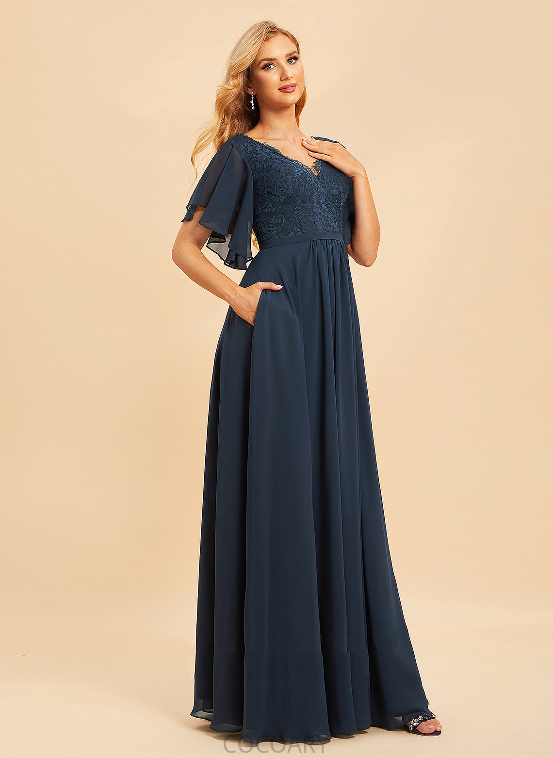 Length Neckline SplitFront Silhouette V-neck Fabric A-Line Lace Floor-Length Embellishment Nina Sleeveless Bridesmaid Dresses