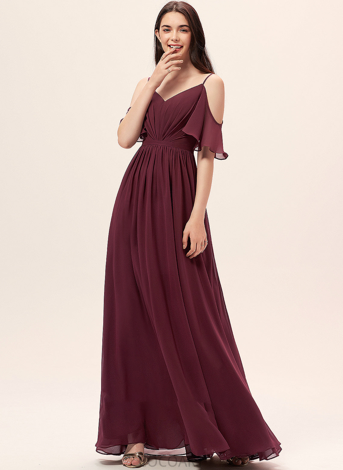 Silhouette Ruffle Floor-Length Fabric A-Line Length Embellishment Neckline V-neck Abril Spaghetti Staps A-Line/Princess Bridesmaid Dresses