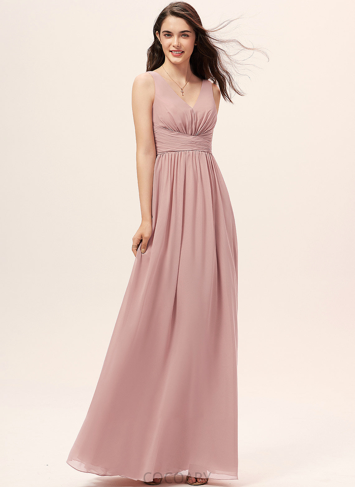 Neckline V-neck Ruffle A-Line Fabric Floor-Length Length Embellishment Silhouette Kinsley A-Line/Princess Natural Waist Bridesmaid Dresses