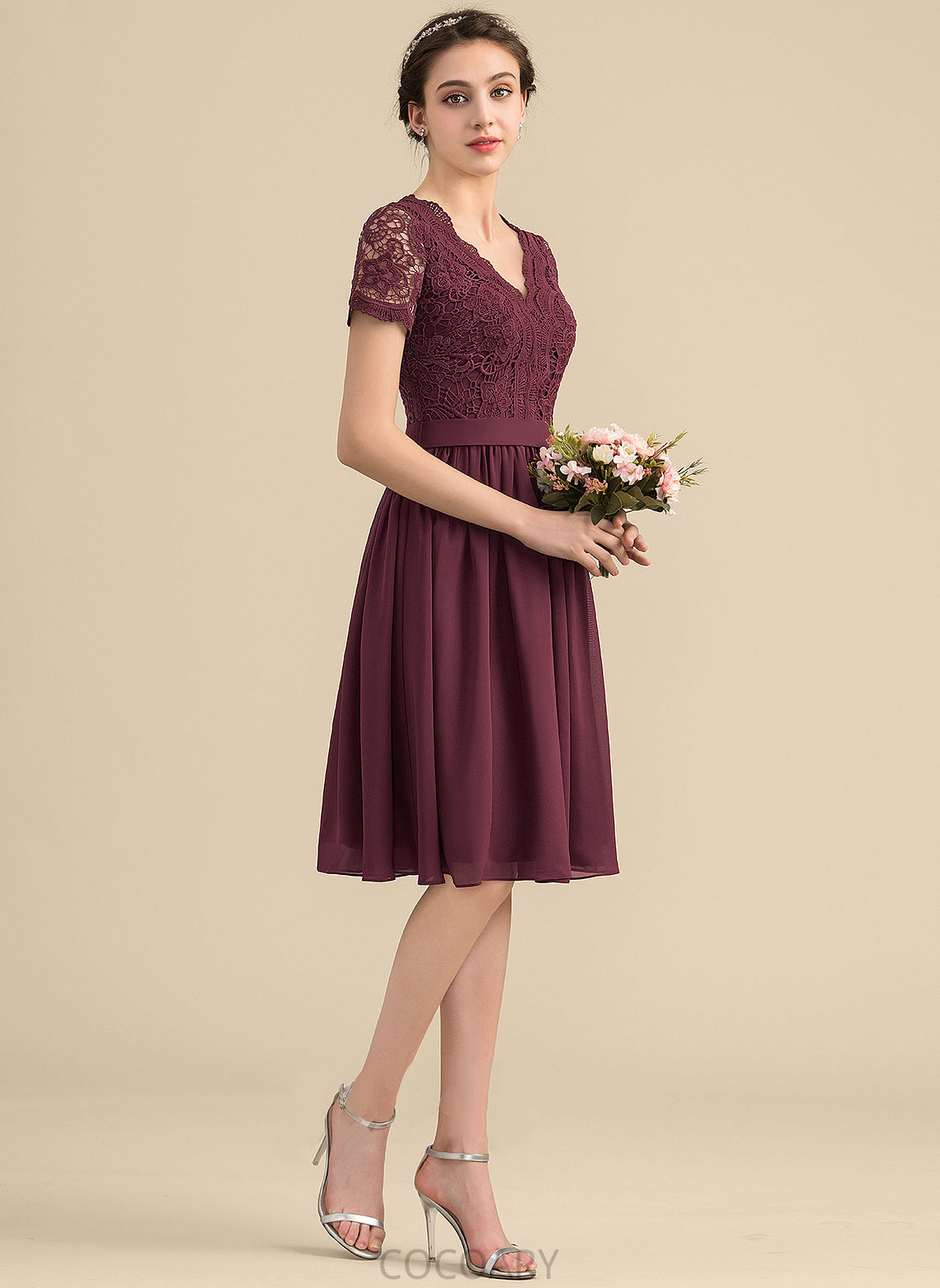 Fabric V-neck Length Lace Knee-Length A-Line Straps Silhouette Neckline Karlee Sleeveless V-Neck Bridesmaid Dresses