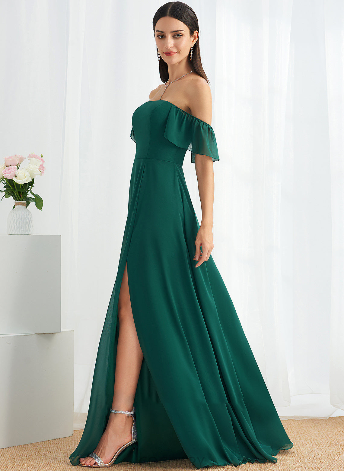 Silhouette A-Line Length Fabric Off-the-Shoulder SplitFront Floor-Length Embellishment Neckline Nadia A-Line/Princess Floor Length Bridesmaid Dresses