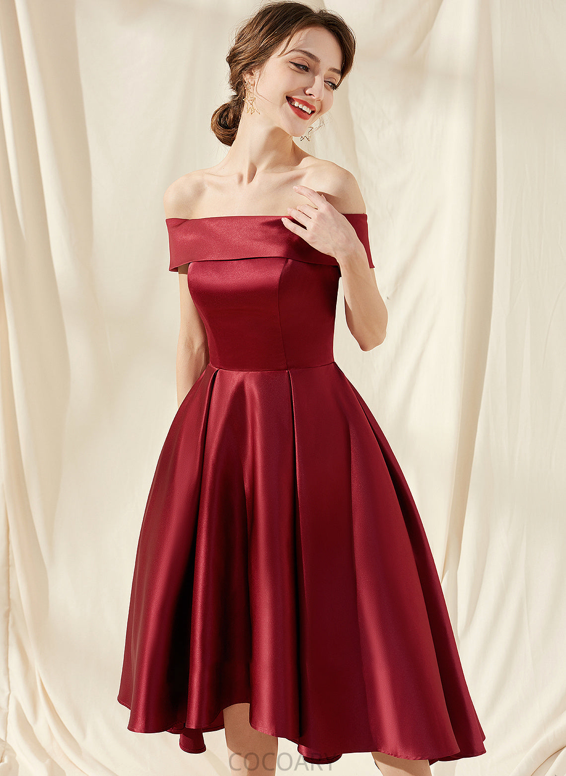 Fabric Neckline Embellishment Off-the-Shoulder Silhouette Pockets Length Asymmetrical A-Line Elisabeth Sleeveless Straps Bridesmaid Dresses