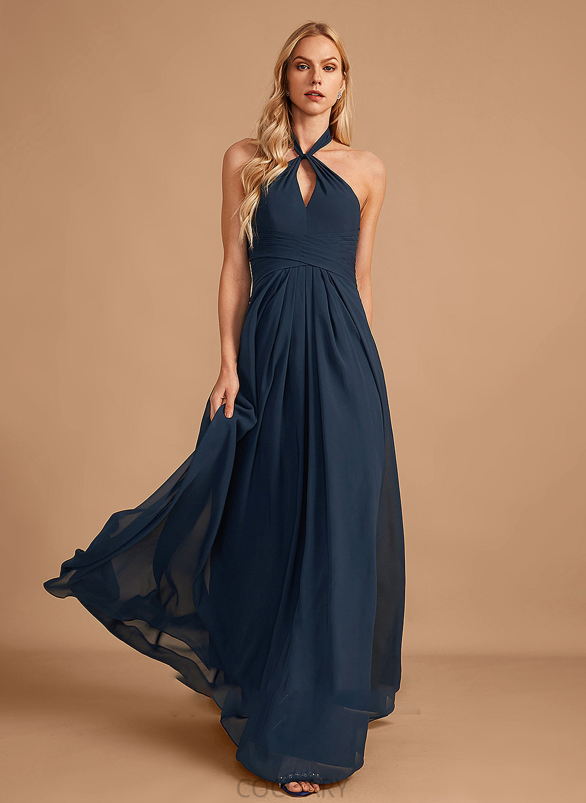 A-Line Fabric Floor-Length Neckline Embellishment Ruffle Halter Silhouette Length Ximena Sleeveless A-Line/Princess Bridesmaid Dresses