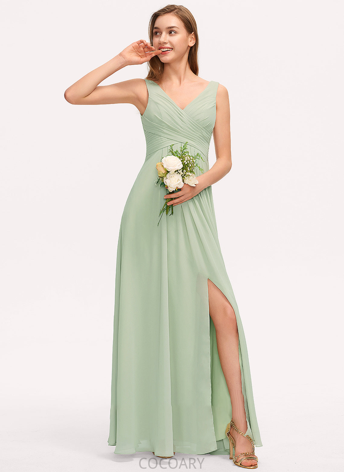 Fabric SplitFront Floor-Length A-Line Neckline Ruffle Embellishment V-neck Length Silhouette Anaya Spaghetti Staps Bridesmaid Dresses