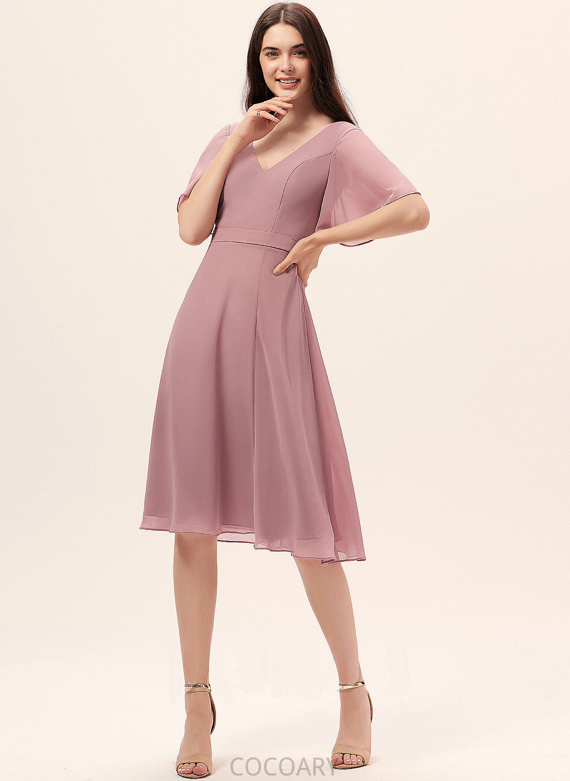 Silhouette Embellishment SplitFront V-neck Neckline A-Line Length Fabric Knee-Length Laylah Natural Waist Sleeveless Bridesmaid Dresses