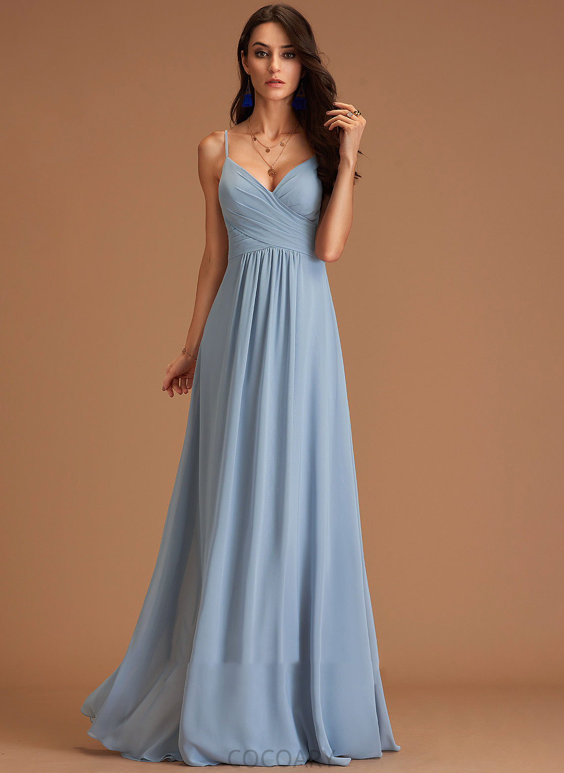 Embellishment Ruffle Neckline Length Fabric A-Line Silhouette V-neck Floor-Length Marissa Floor Length Sleeveless Bridesmaid Dresses