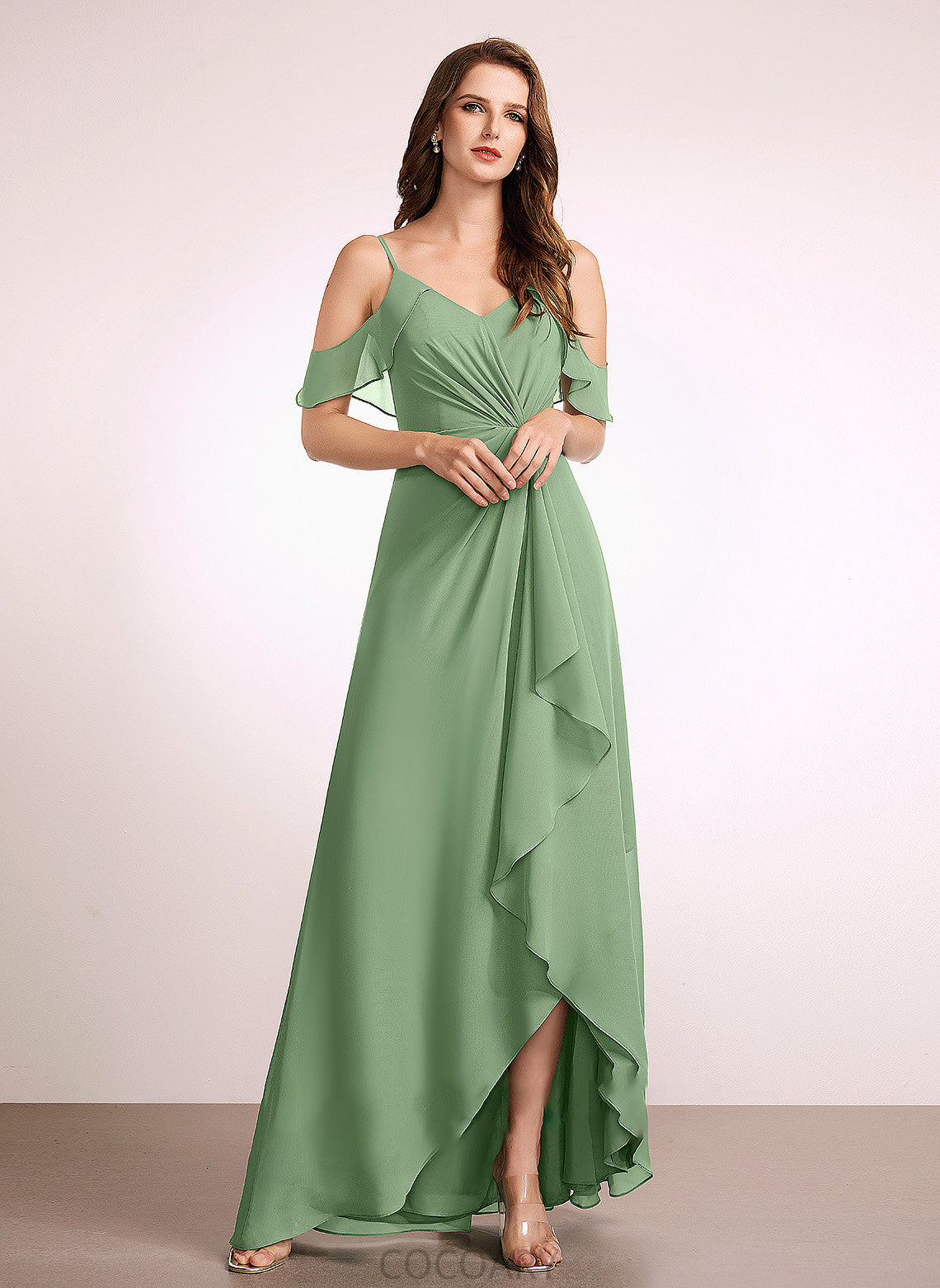 V-neck Embellishment Fabric A-Line Asymmetrical Neckline Length SplitFront Silhouette Gwendoline Natural Waist Sleeveless Bridesmaid Dresses