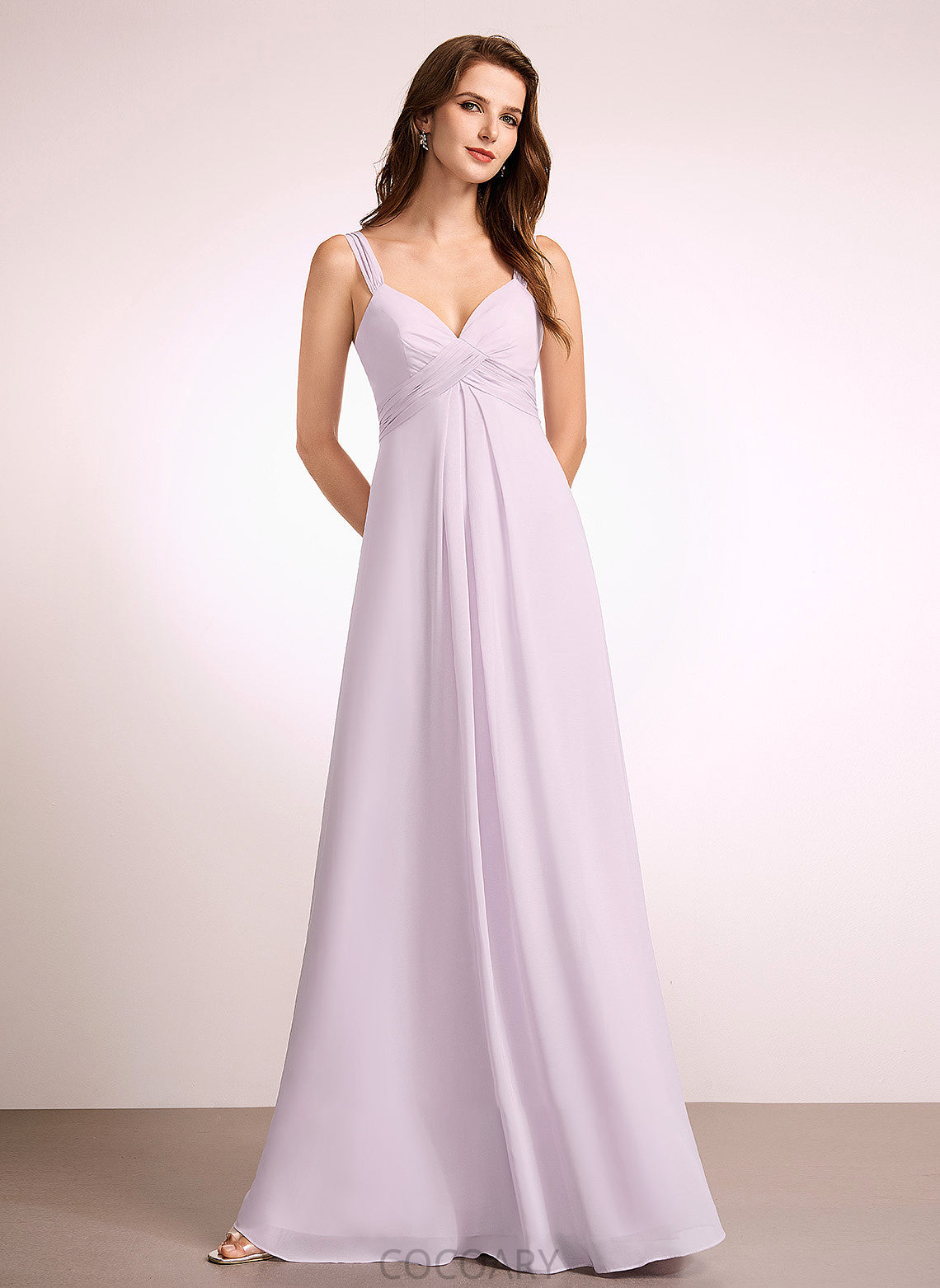 Silhouette V-neck A-Line Ruffle Floor-Length Neckline Length Embellishment Fabric Libby Scoop Natural Waist Bridesmaid Dresses