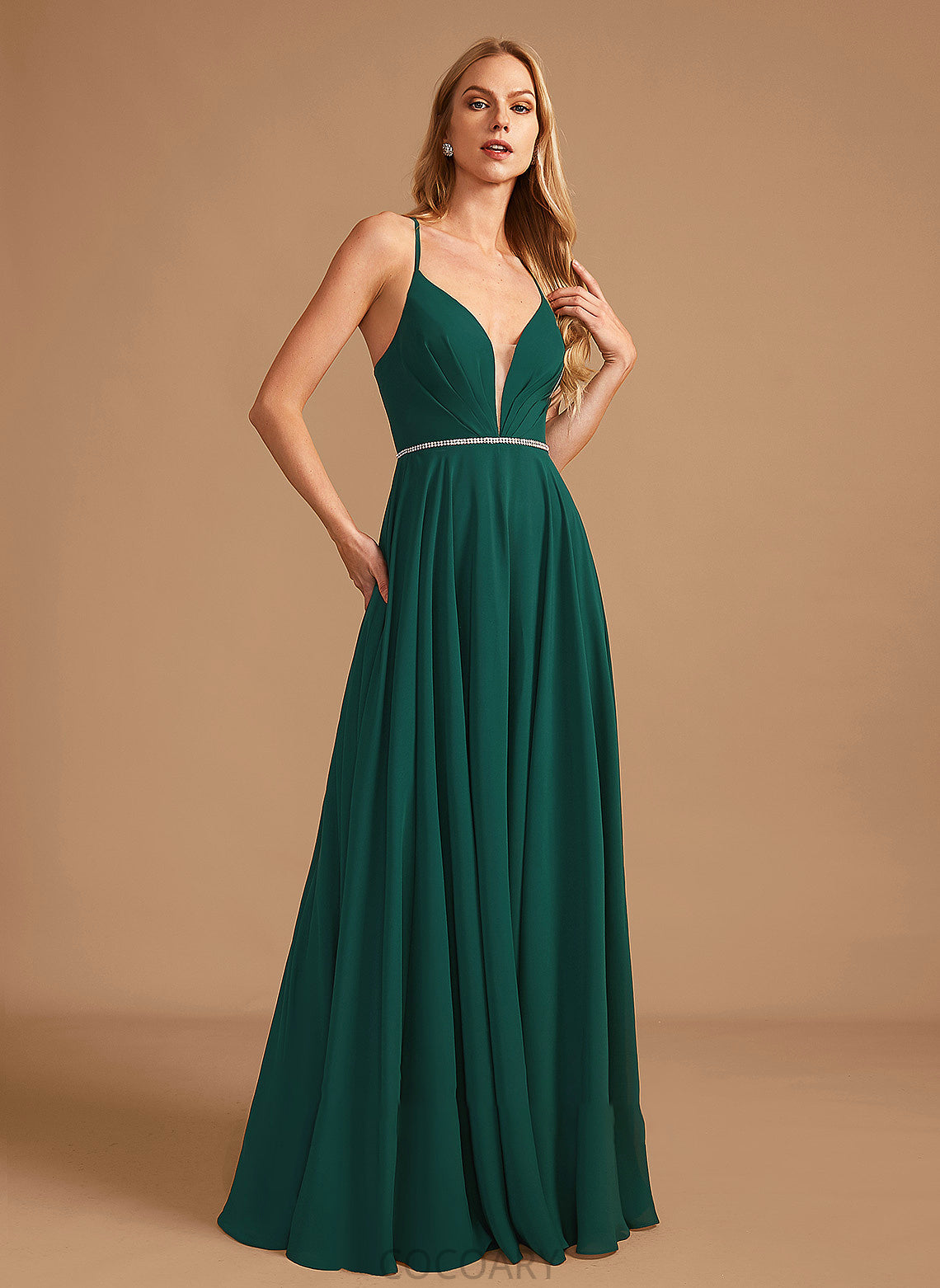 Silhouette Fabric Beading A-Line Length Neckline Embellishment Floor-Length V-neck Belen Sleeveless Spaghetti Staps Bridesmaid Dresses