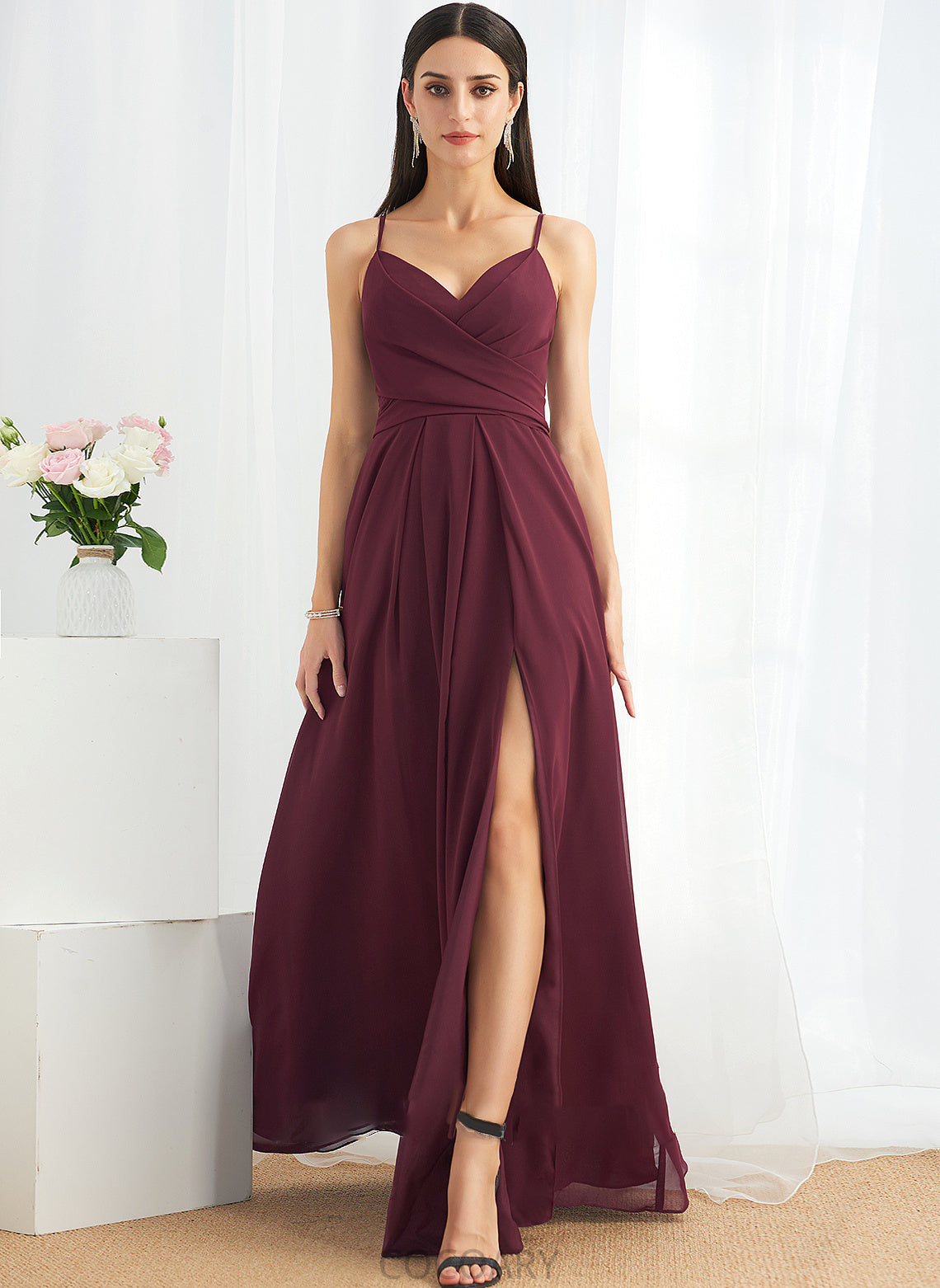 V-neck Silhouette Floor-Length Ruffle SplitFront Fabric Embellishment Neckline Length A-Line Gabriela Sleeveless Bridesmaid Dresses