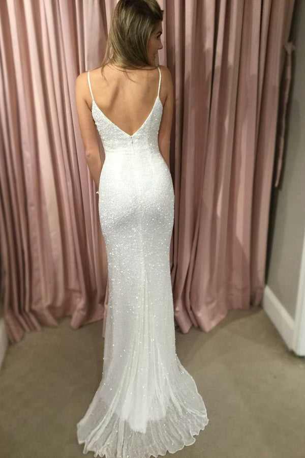 White Sheath Brush Train Sweetheart Spaghetti Sleeveless Sparkle Prom Dresses