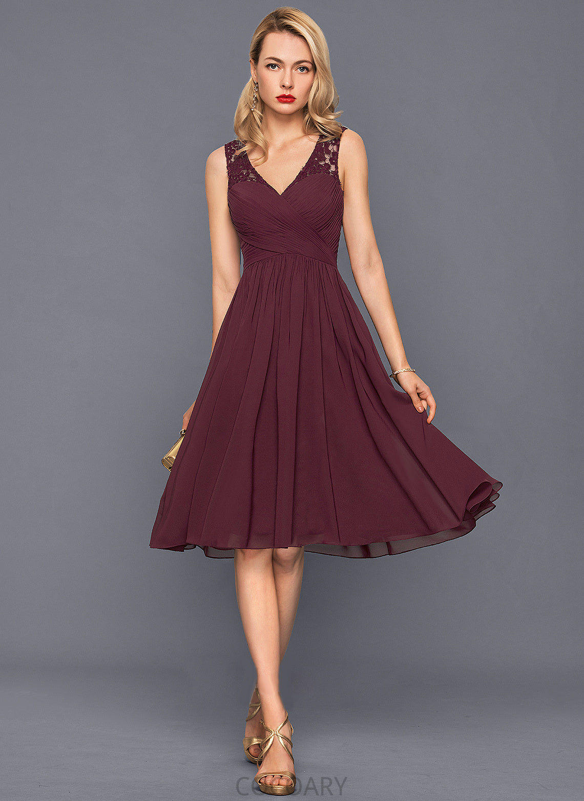 V-neck Silhouette Knee-Length Ruffle Fabric Neckline A-Line Length Embellishment Maren A-Line/Princess Short Sleeves Bridesmaid Dresses