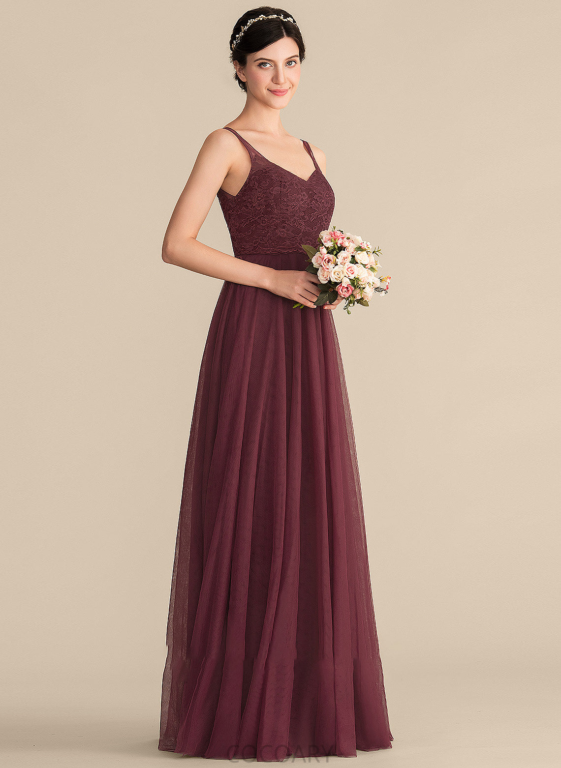 Length Silhouette V-neck A-Line Floor-Length Neckline Straps Lace Tulle Fabric Skyla Floor Length Bridesmaid Dresses