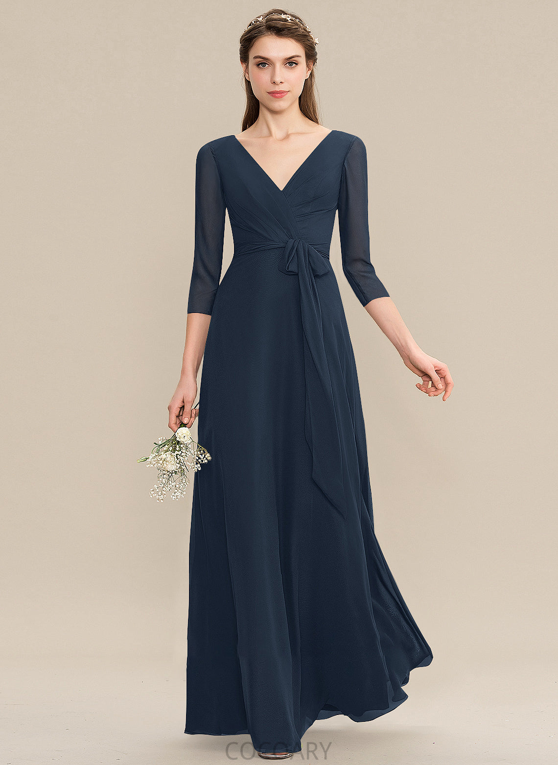 Floor-Length Ruffle Bow(s) Neckline Fabric V-neck Embellishment Length Silhouette A-Line Tiara Straps Bridesmaid Dresses