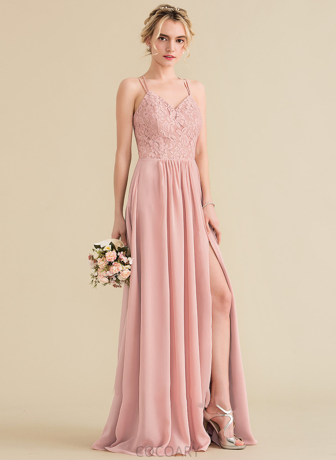 Floor-Length Fabric Neckline Sweetheart Embellishment A-Line SplitFront Length Silhouette Jane Sleeveless V-Neck Bridesmaid Dresses