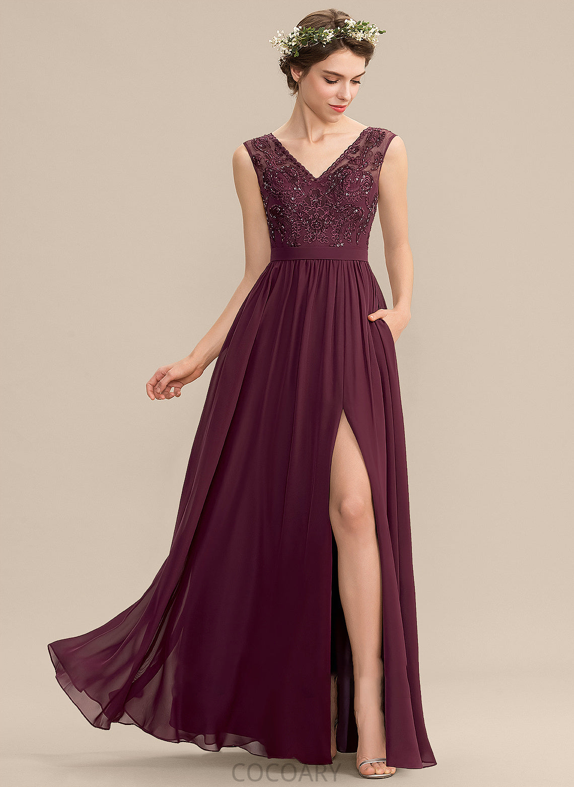 Embellishment Pockets Floor-Length A-Line Fabric V-neck Neckline Beading Sequins Silhouette Length SplitFront Bridesmaid Dresses