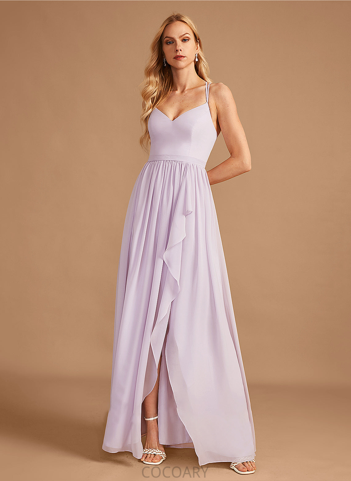 V-neck Silhouette Asymmetrical Length Embellishment Ruffle A-Line Fabric Neckline SplitFront Precious V-Neck Bridesmaid Dresses