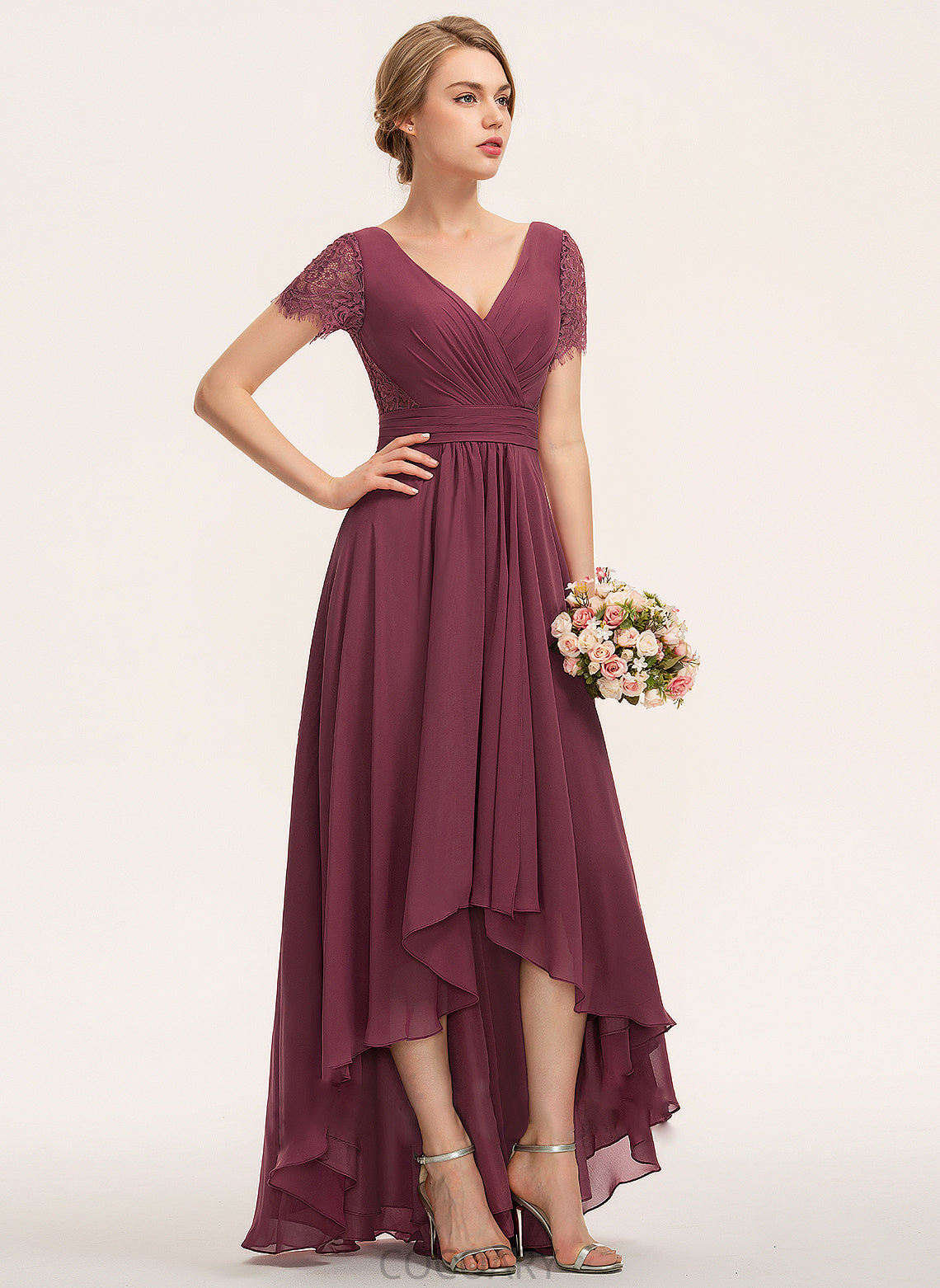 Length Fabric Silhouette V-neck Ruffle Embellishment A-Line Asymmetrical Neckline Lizeth Floor Length Sweetheart Bridesmaid Dresses