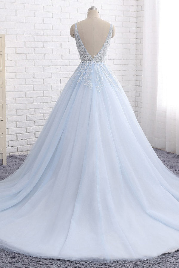 Ball Gown Chapel Train V Neck Sleeveless Backless Appliques Prom Dresses