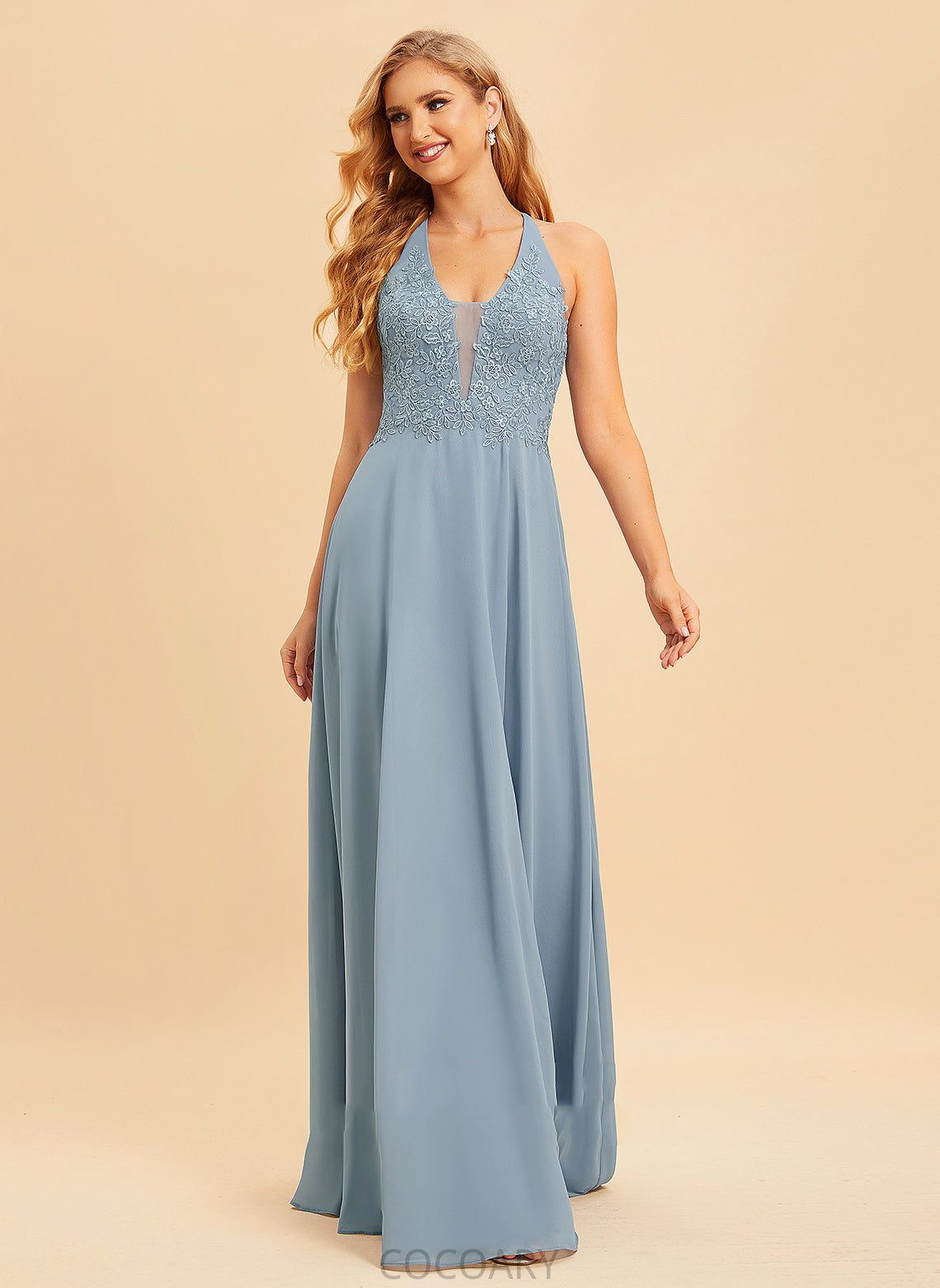 A-Line Floor-Length Neckline Fabric Length SplitFront Embellishment V-neck Lace Silhouette Renata Natural Waist Bridesmaid Dresses