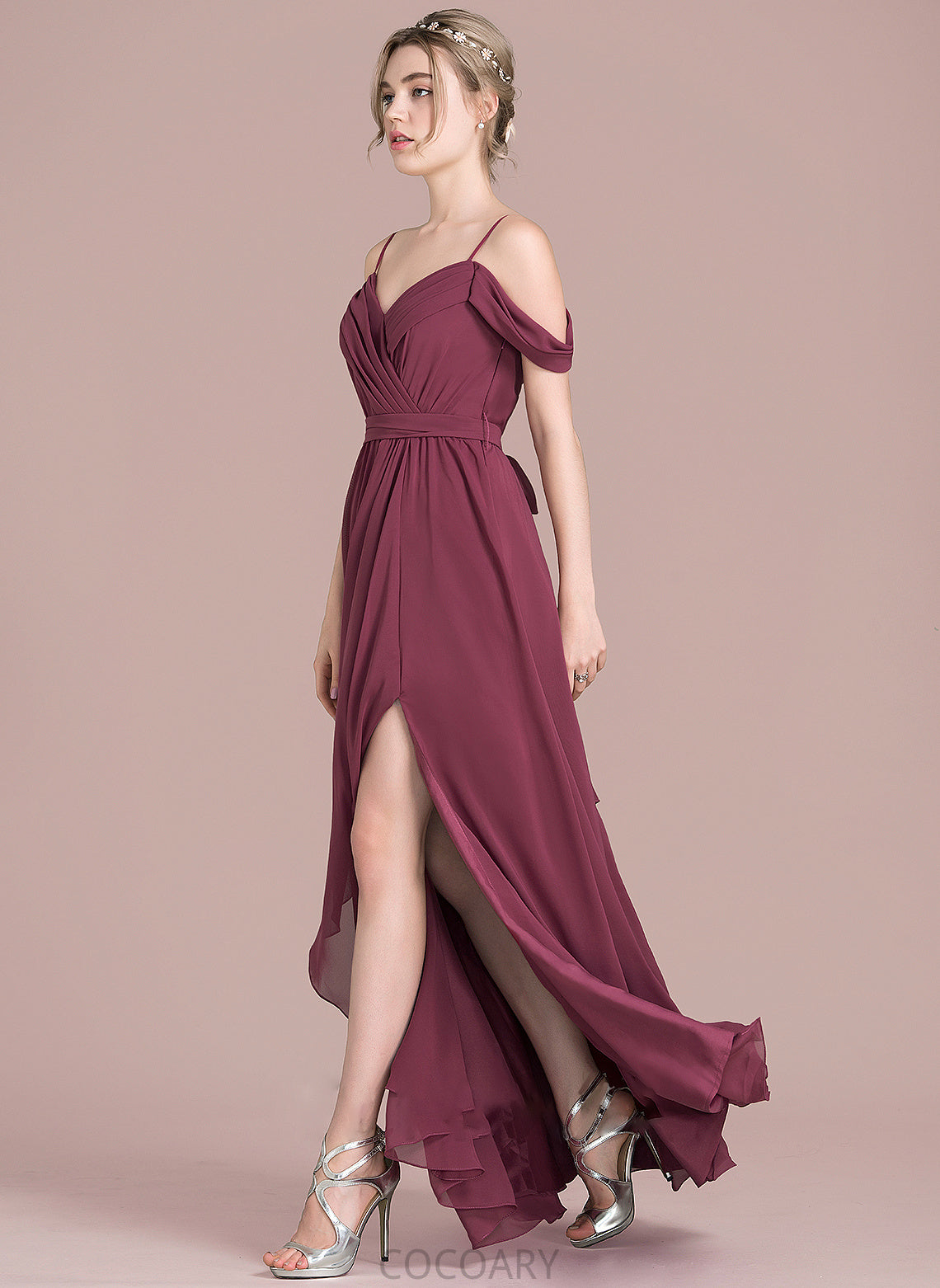 Bow(s) Embellishment Neckline V-neck Silhouette Floor-Length CascadingRuffles Length A-Line Fabric SplitFront Haylie Bridesmaid Dresses