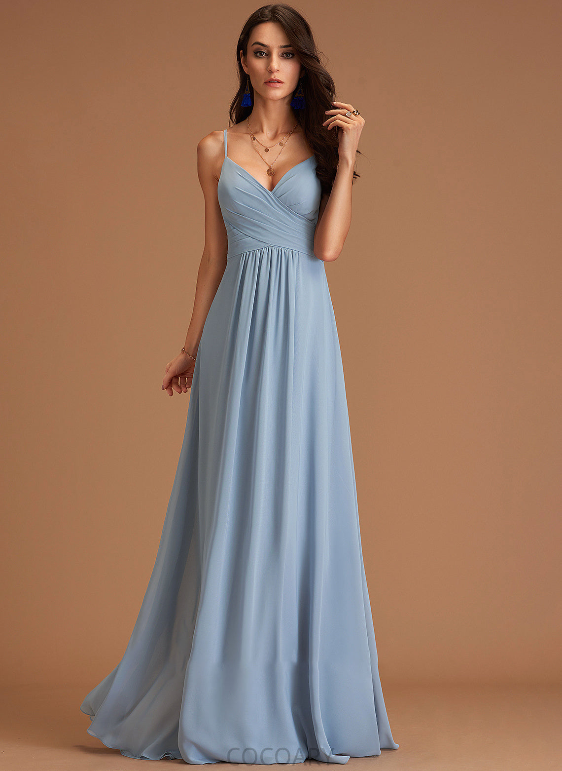 A-Line Floor-Length Fabric Neckline V-neck Silhouette Ruffle Length Embellishment Madilynn A-Line/Princess Sleeveless Bridesmaid Dresses