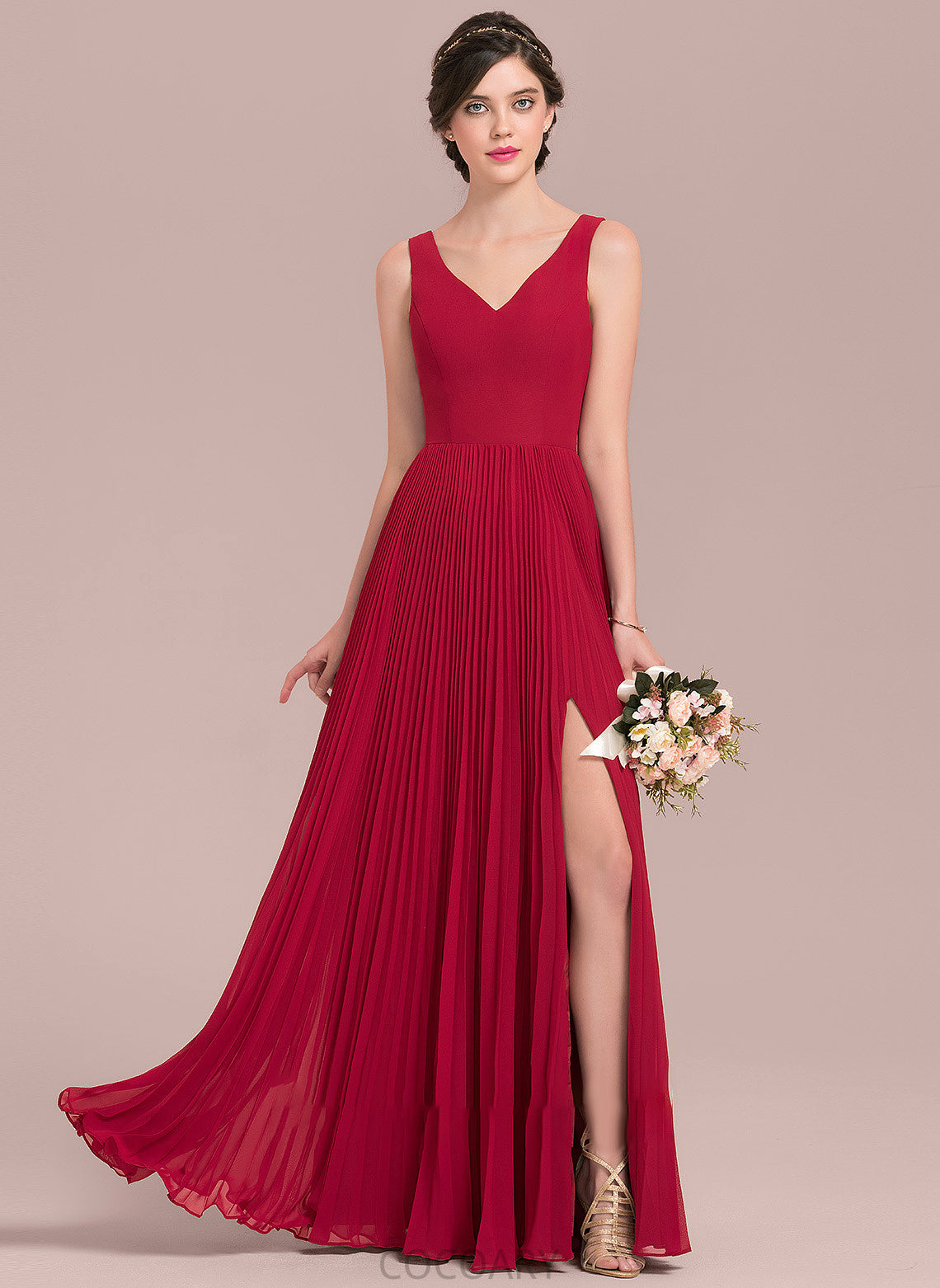 Neckline SplitFront Embellishment Length V-neck Pleated Silhouette Fabric A-Line Floor-Length Julia Spaghetti Staps Bridesmaid Dresses