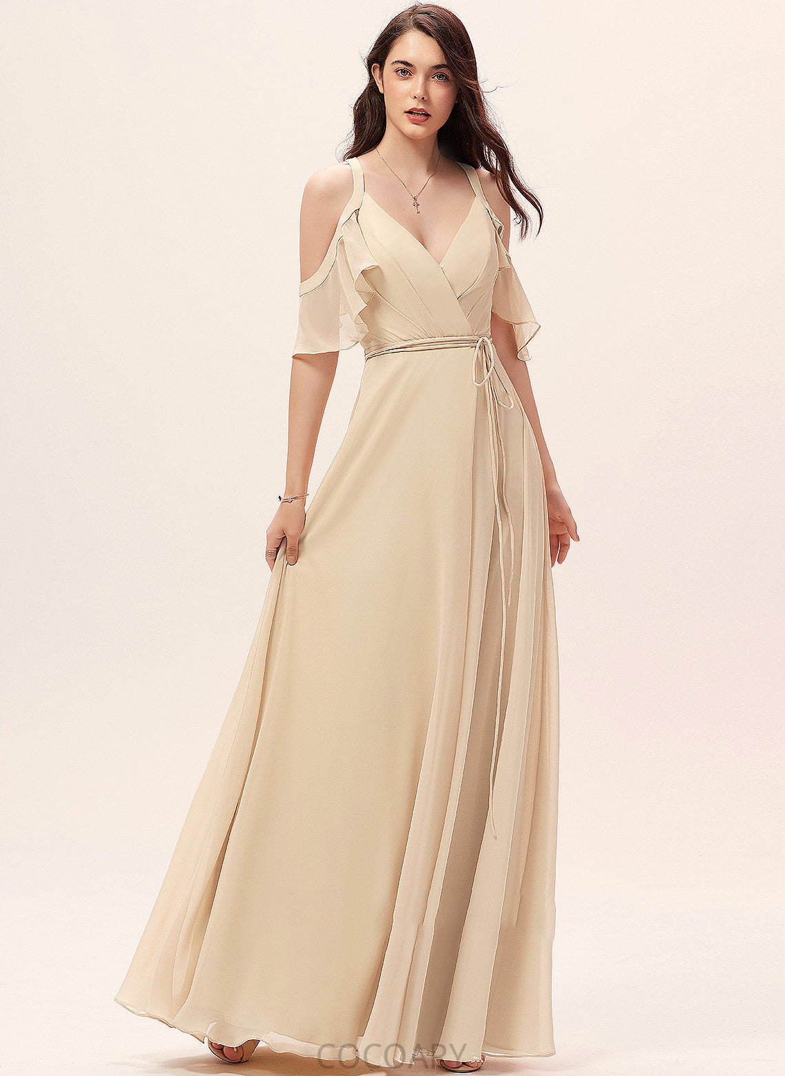 Floor-Length A-Line Fabric Neckline Embellishment SplitFront Silhouette Ruffle V-neck Length Clare V-Neck Bridesmaid Dresses