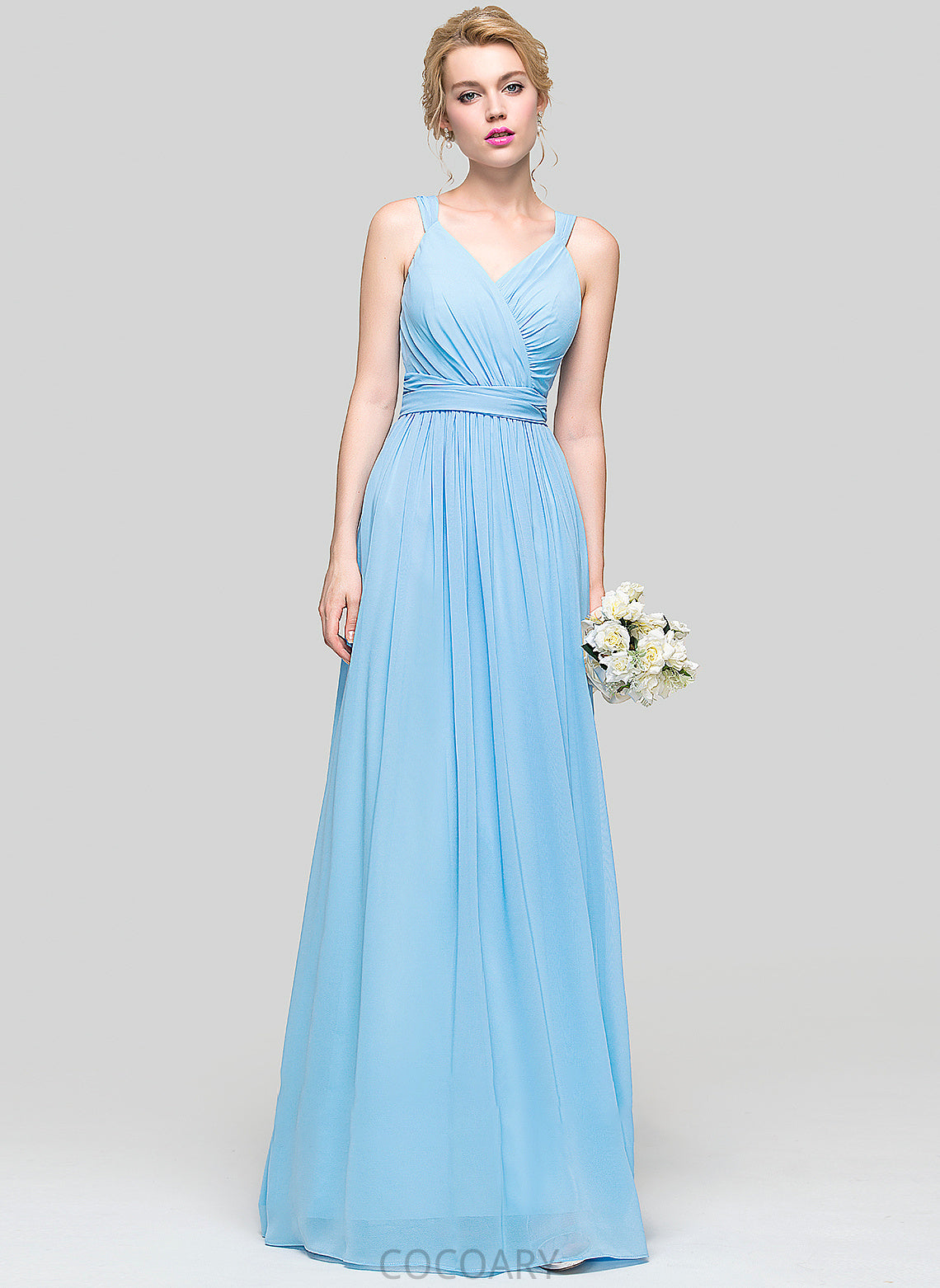 Floor-Length A-Line Fabric Bow(s) Silhouette Ruffle V-neck Embellishment Length Neckline Gertie Spaghetti Staps Bridesmaid Dresses