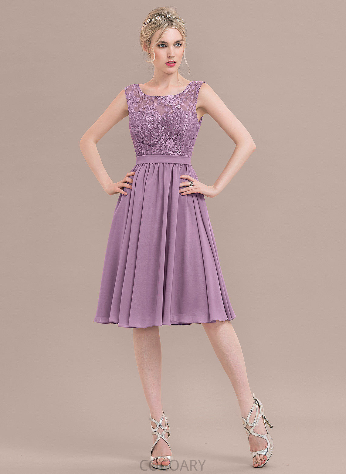 A-Line SquareNeckline Lace Fabric Knee-Length Length Neckline Straps Silhouette Mckinley Bridesmaid Dresses