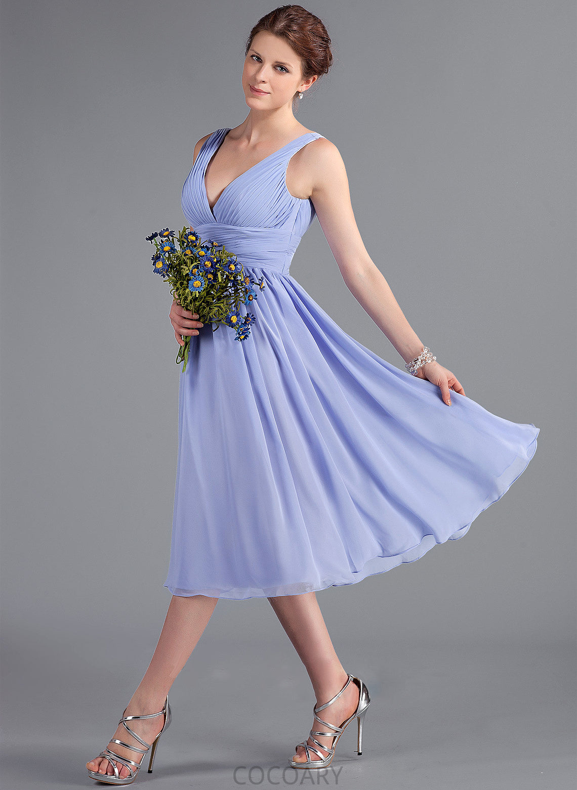 A-Line Embellishment Silhouette Ruffle Fabric Neckline Length Tea-Length V-neck Thirza Floor Length Natural Waist Bridesmaid Dresses