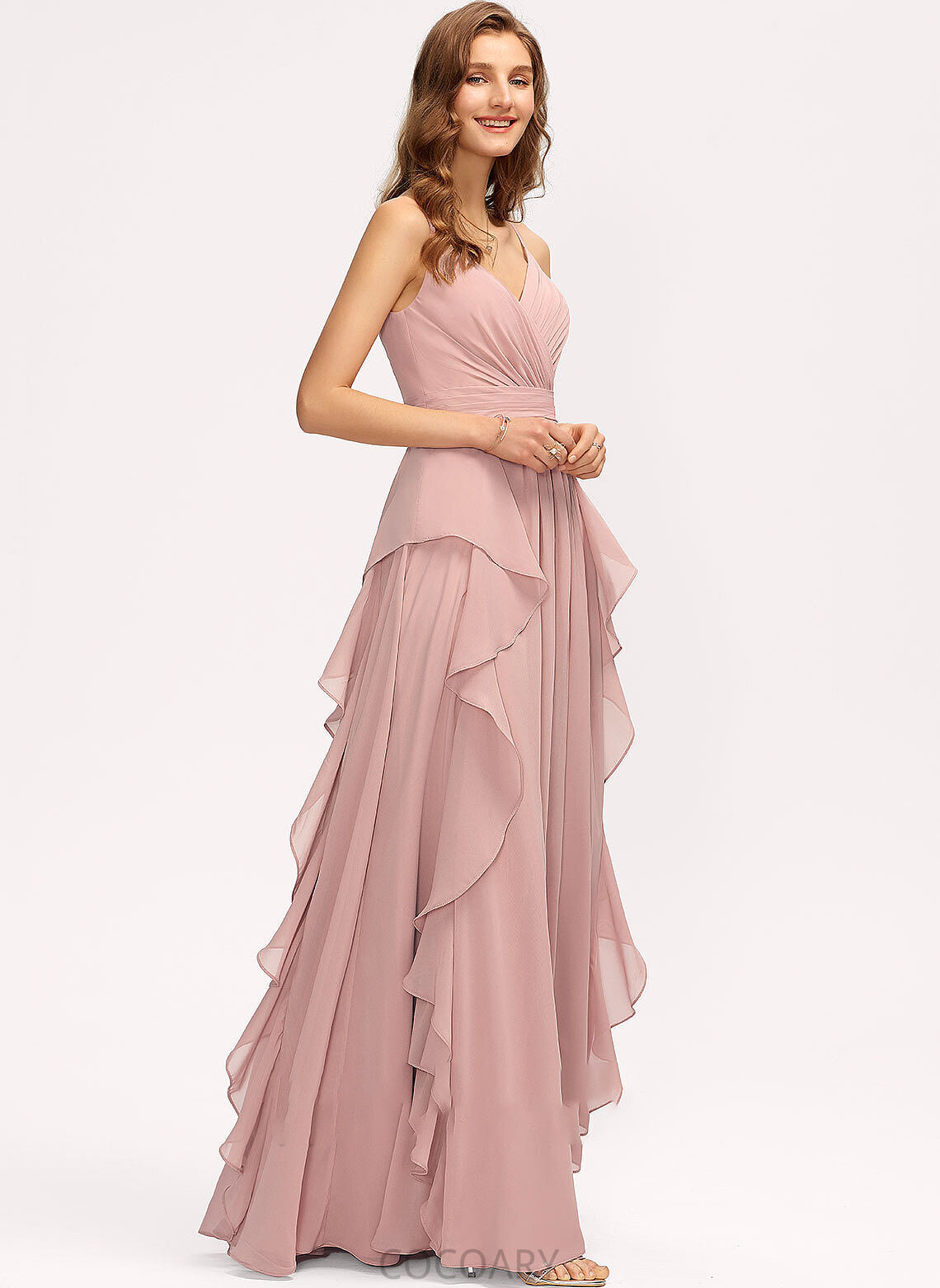 Embellishment Fabric A-Line Length Ruffle Silhouette V-neck CascadingRuffles Neckline Floor-Length Gabriela Spaghetti Staps Bridesmaid Dresses