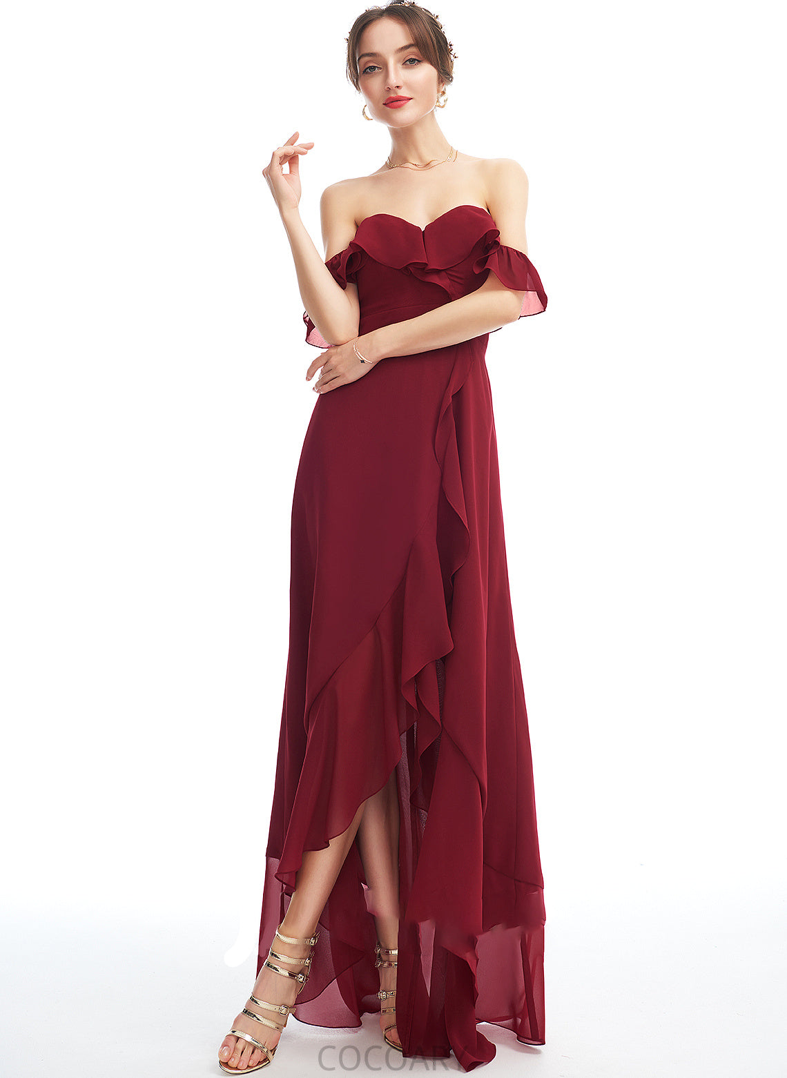 Length Embellishment Fabric Asymmetrical Silhouette Ruffle SplitFront Neckline A-Line Off-the-Shoulder Pat Halter Bridesmaid Dresses