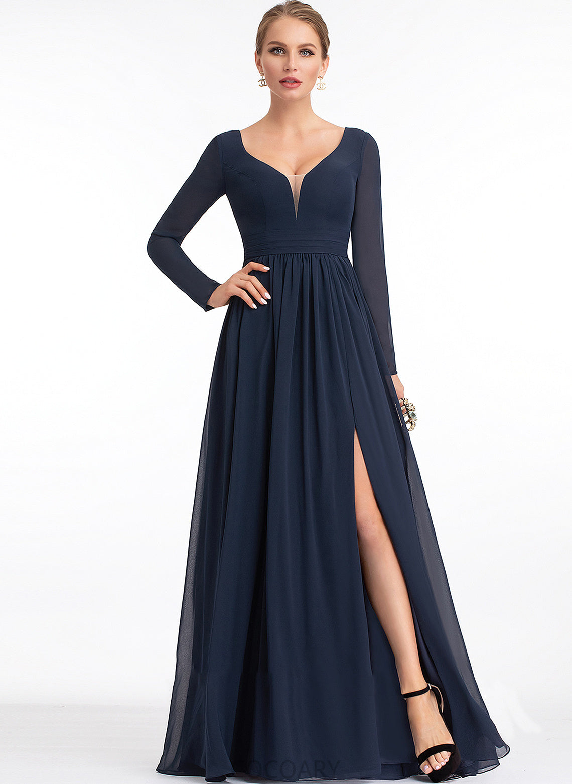 Fabric V-neck SplitFront A-Line Floor-Length Silhouette Embellishment Length Neckline Nadia Floor Length Natural Waist Bridesmaid Dresses